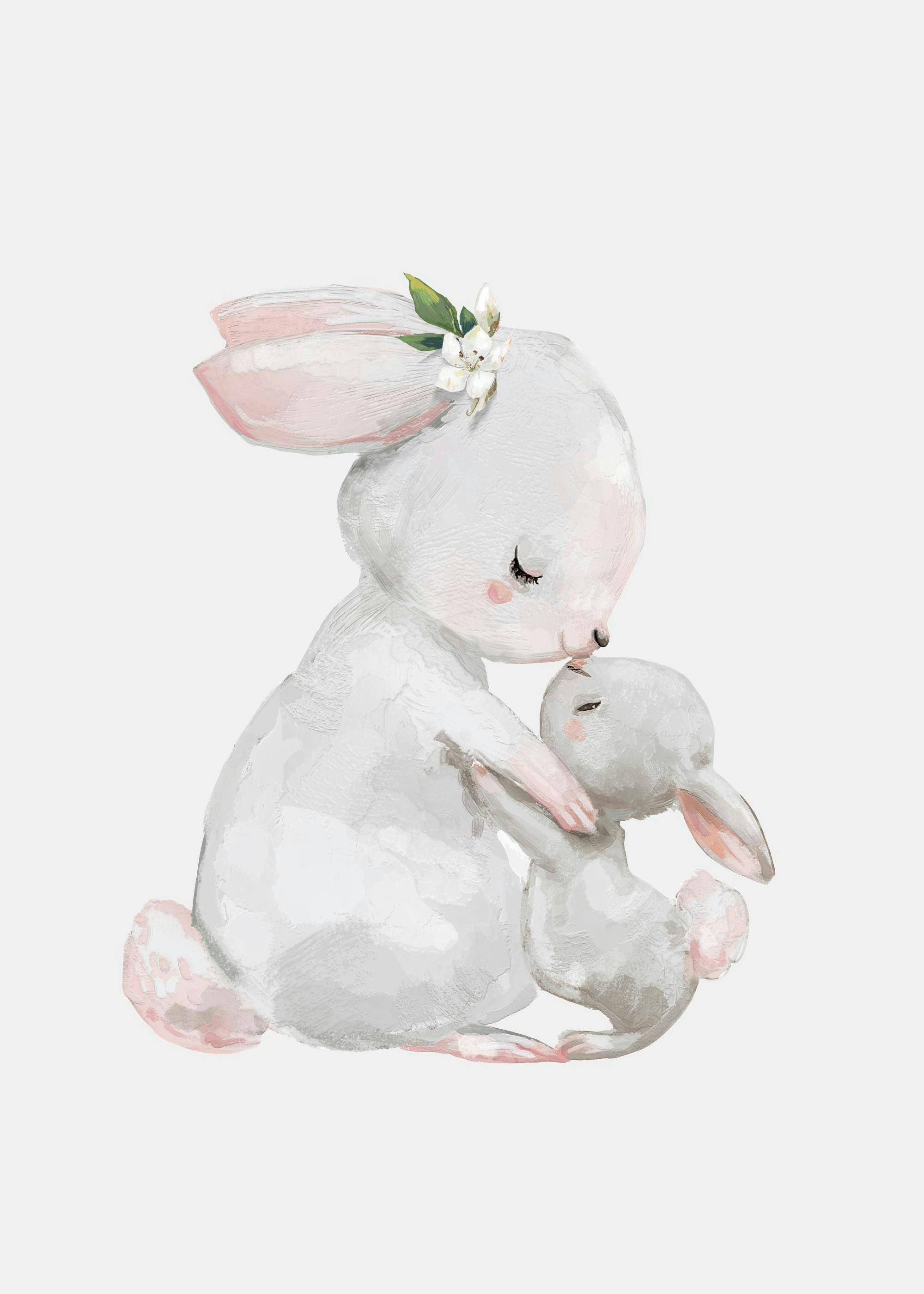 Poster dune lapine blanche avec des joues roses embrassant tendrement un petit lapin, sur fond clair.