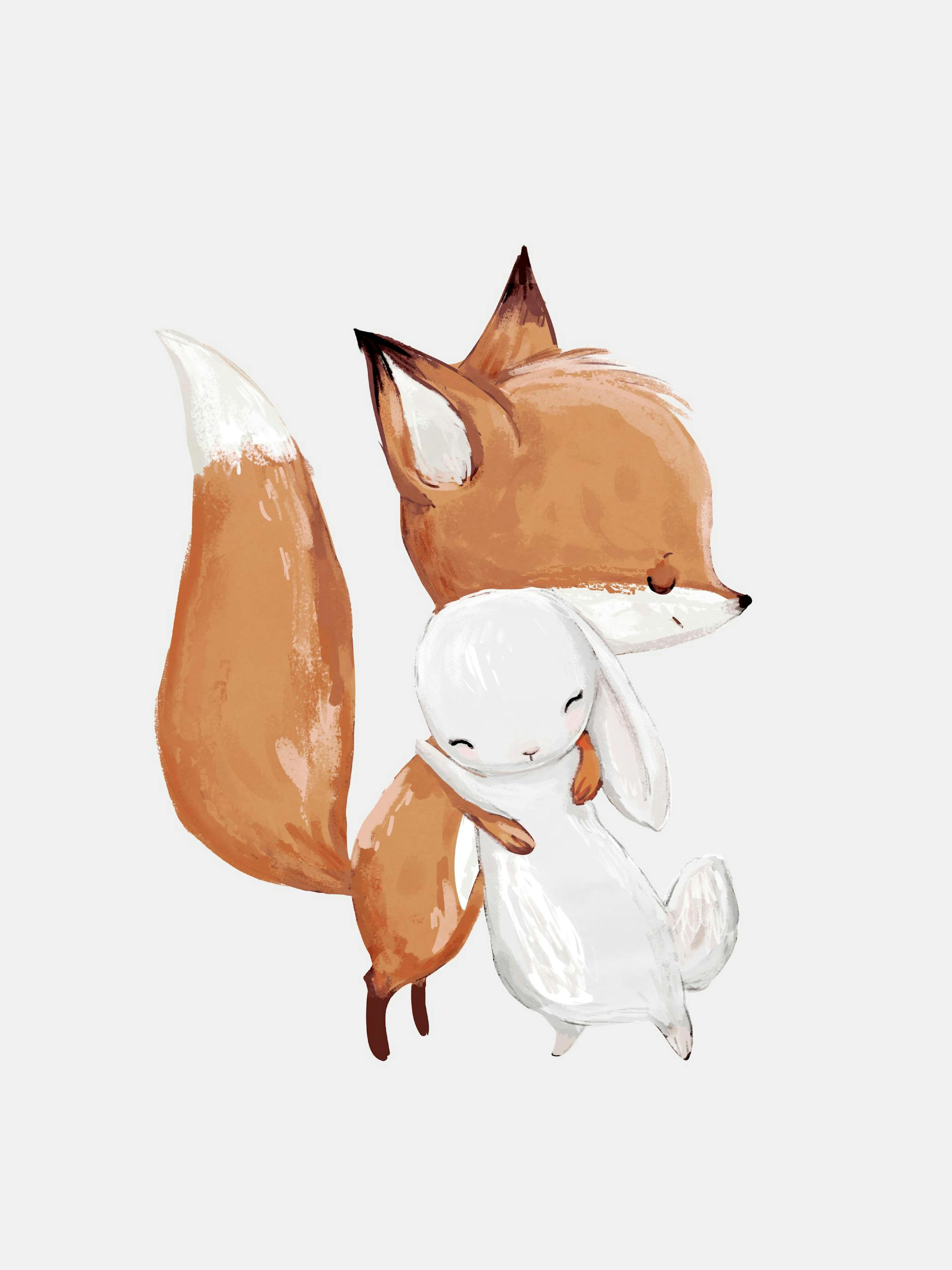 A poster featuring a sleepy-eyed fox and bunny embracing, with the fox in warm brown tones and the bunny in soft white.