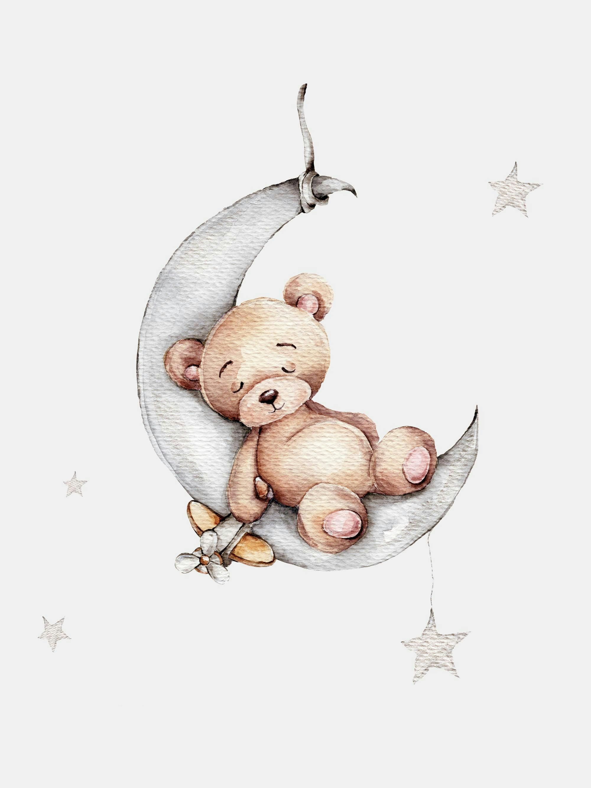 A poster featuring a sleeping teddy bear on a crescent moon, with stars in the background, a perfect nursery decor.