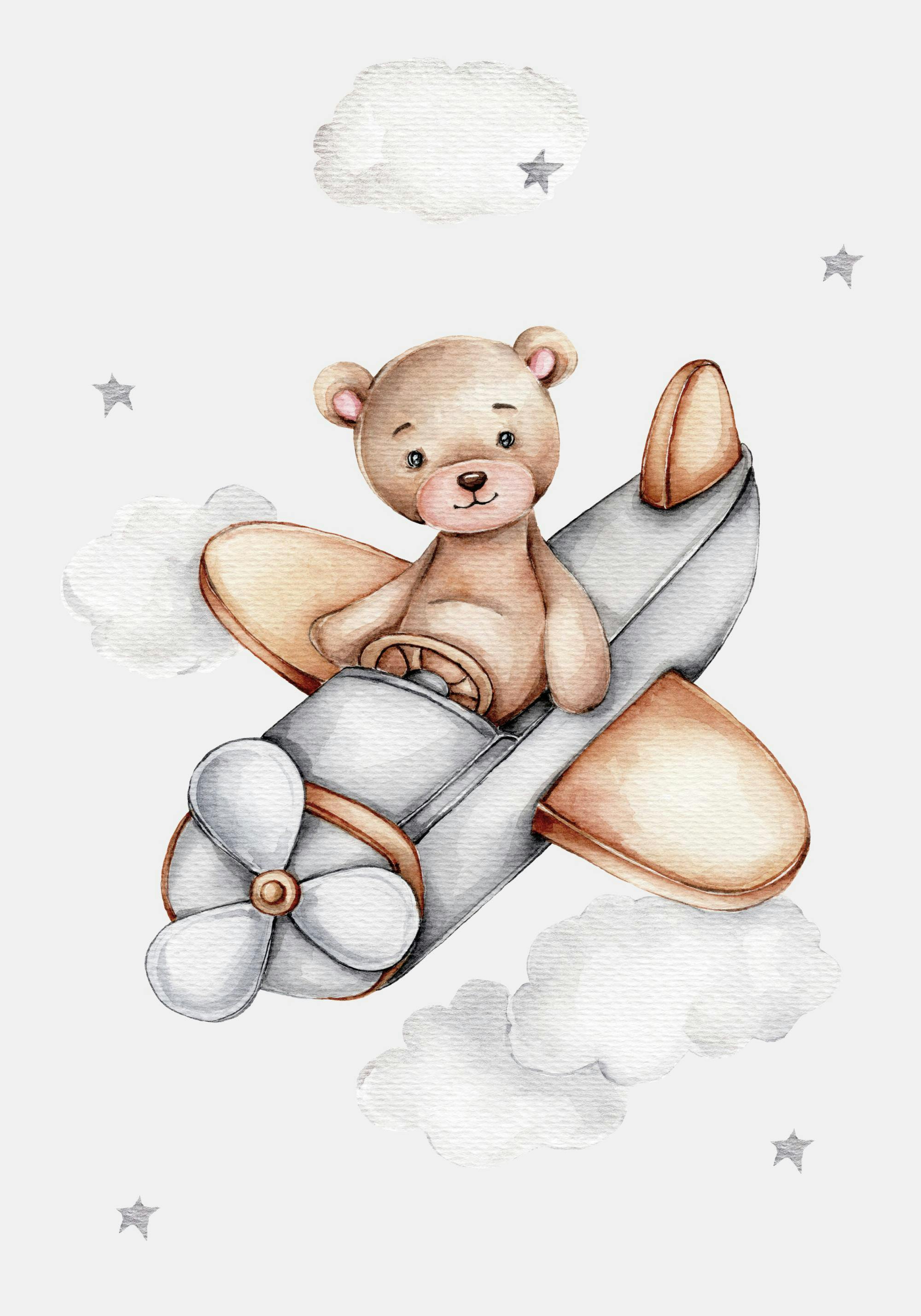 A poster featuring a cute brown teddy bear flying a grey and brown airplane through white clouds and grey stars.