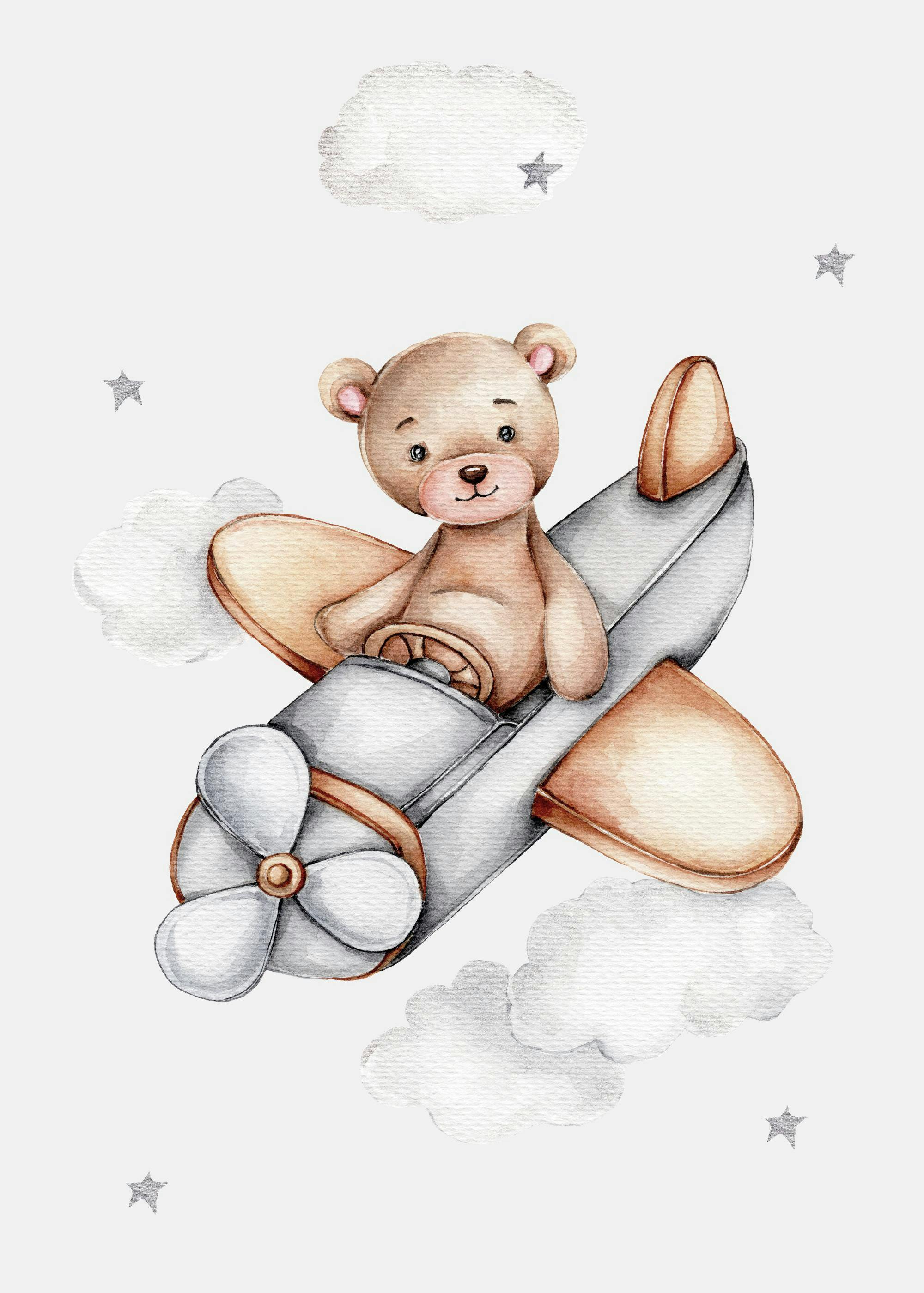 Póster de un oso de peluche sonriente en un avión de hélice, rodeado de nubes y estrellas.