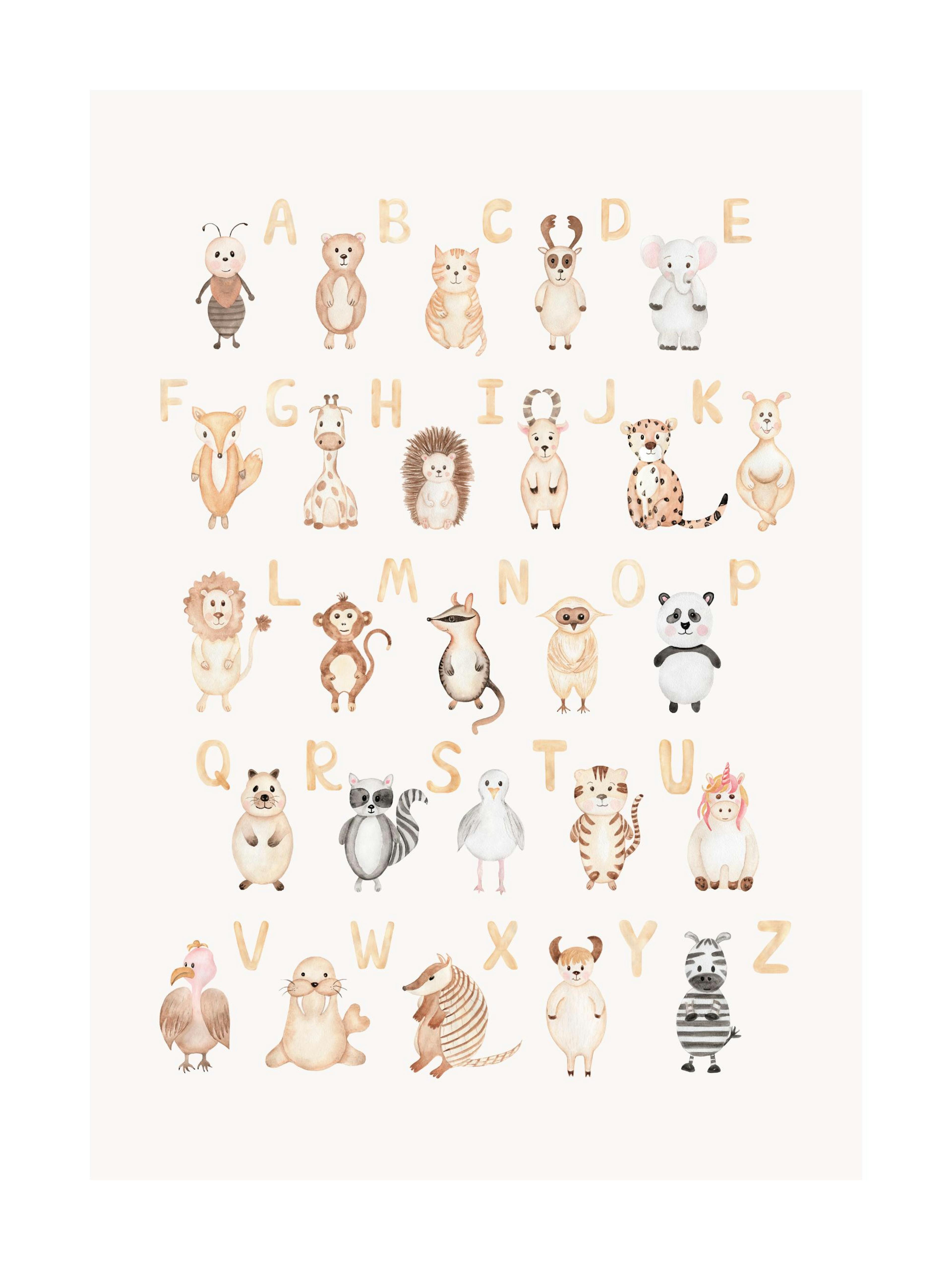 A poster featuring a watercolor animal alphabet with a cute illustration for each letter on a light background.