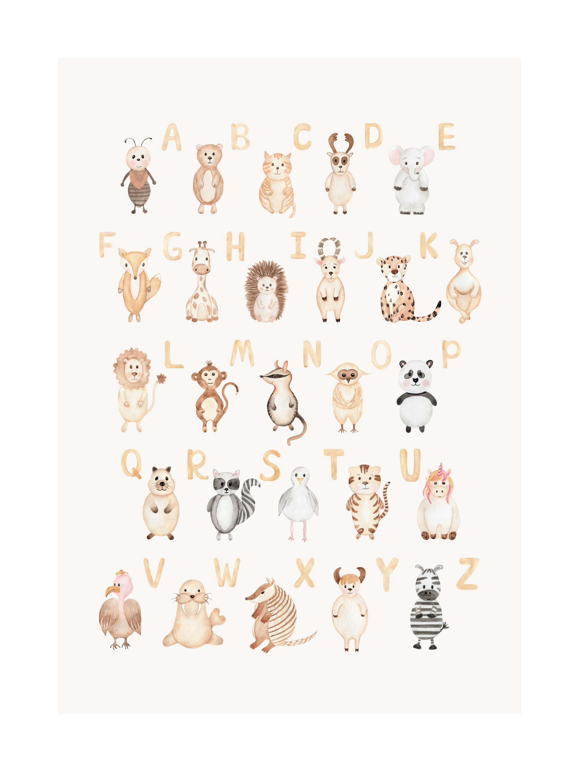 Ein Poster mit dem Tier-Alphabet, das jedes Tier einem Buchstaben von A bis Z in Aquarell-Optik zuordnet.