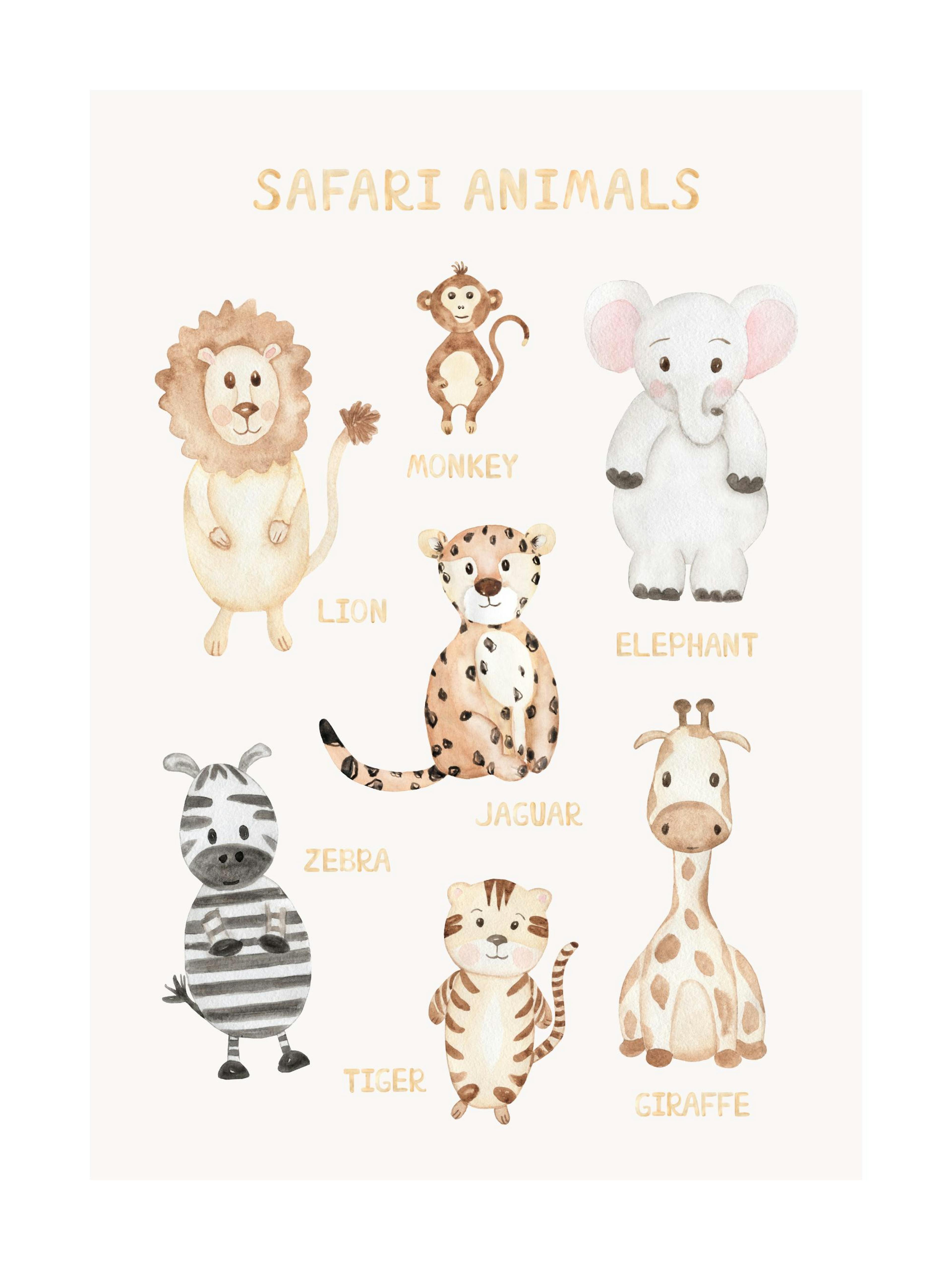 A poster featuring cute watercolor safari animals, including a lion, monkey, elephant, jaguar, zebra, tiger, and giraffe, with t