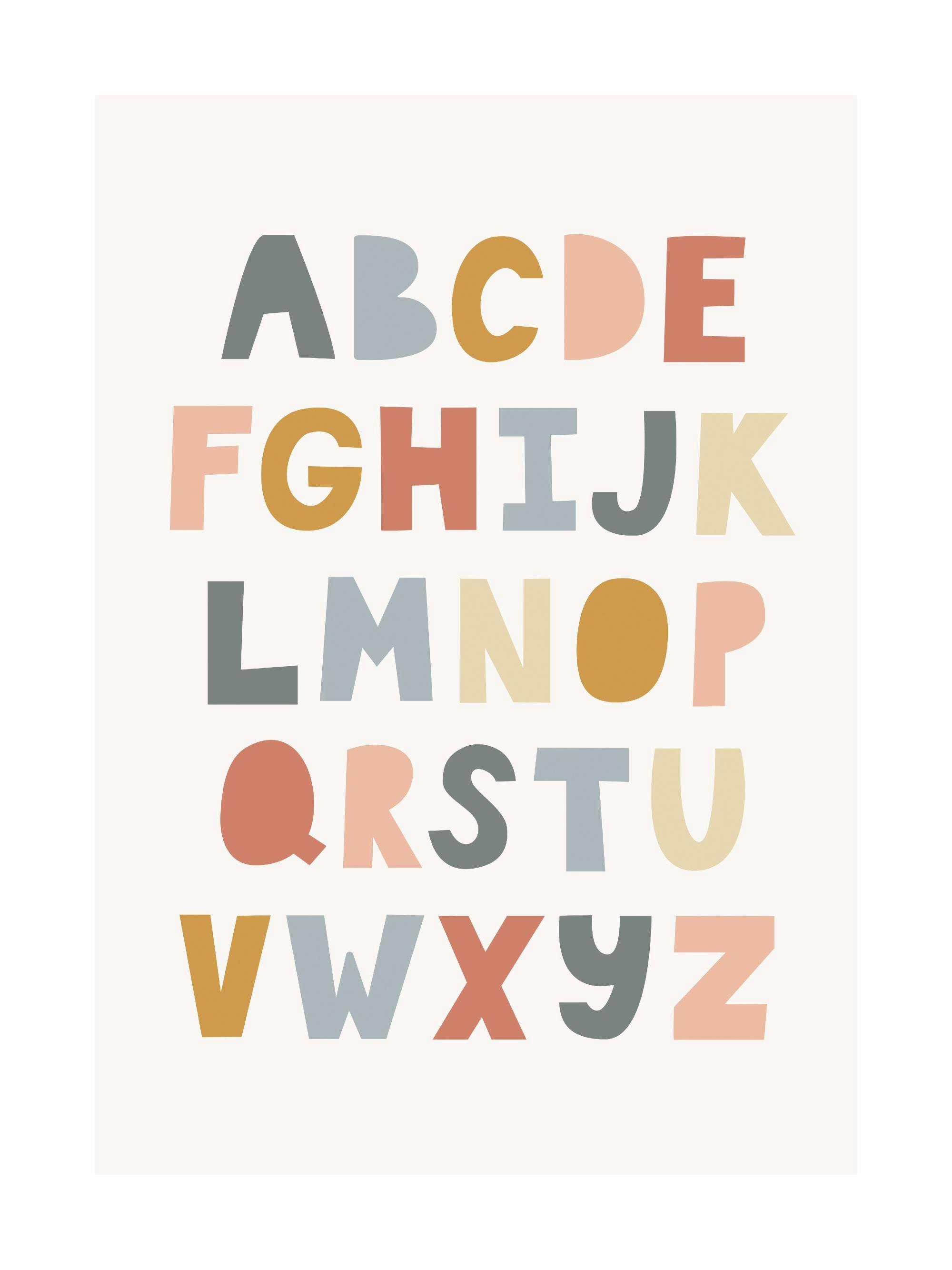 Poster mit dem ABC in bunten, kindgerechten Grossbuchstaben auf hellgrauem Hintergrund.