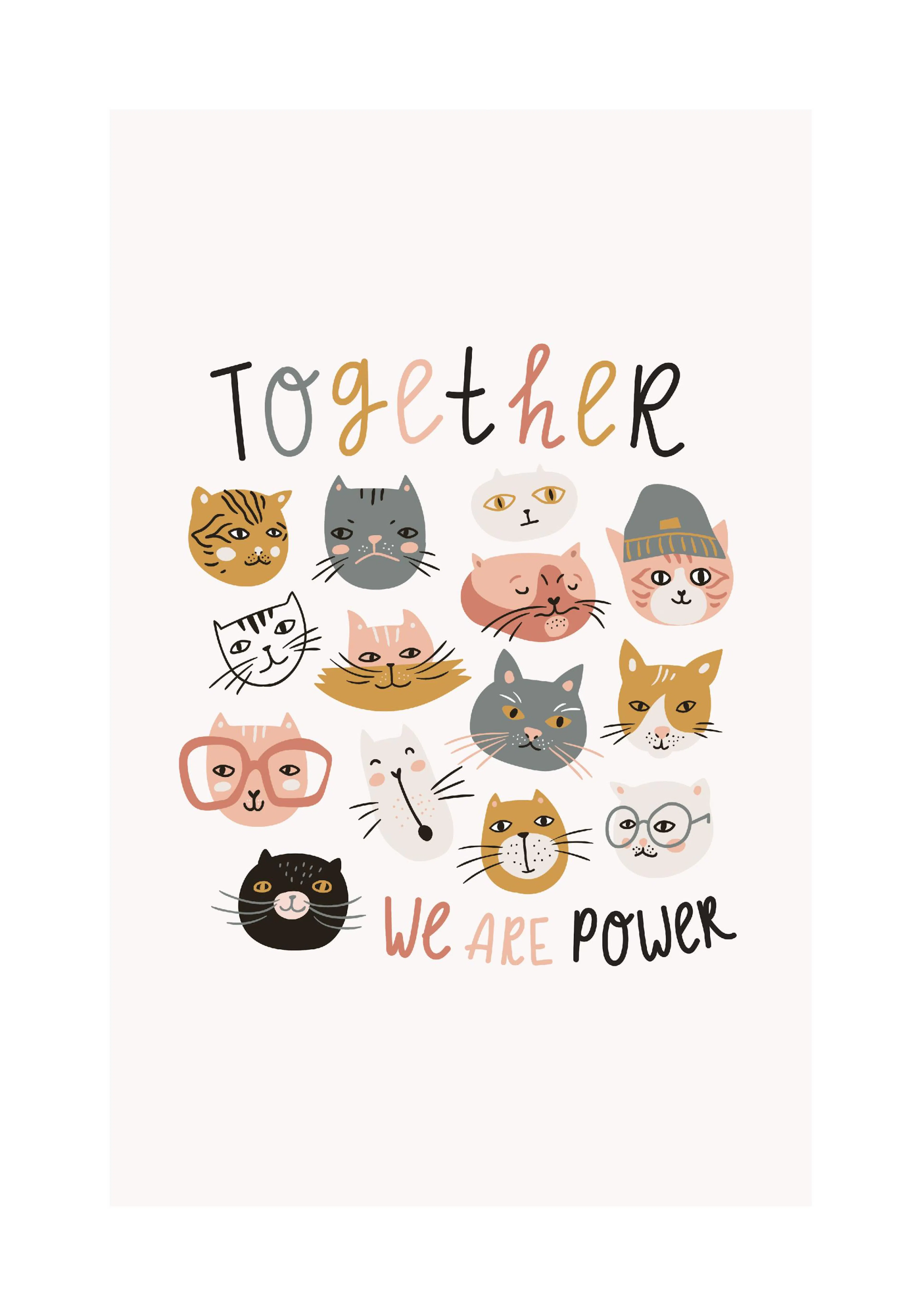 En plakat med tegninger af forskellige kattehoveder og teksten Together we are power i forskellige farver.