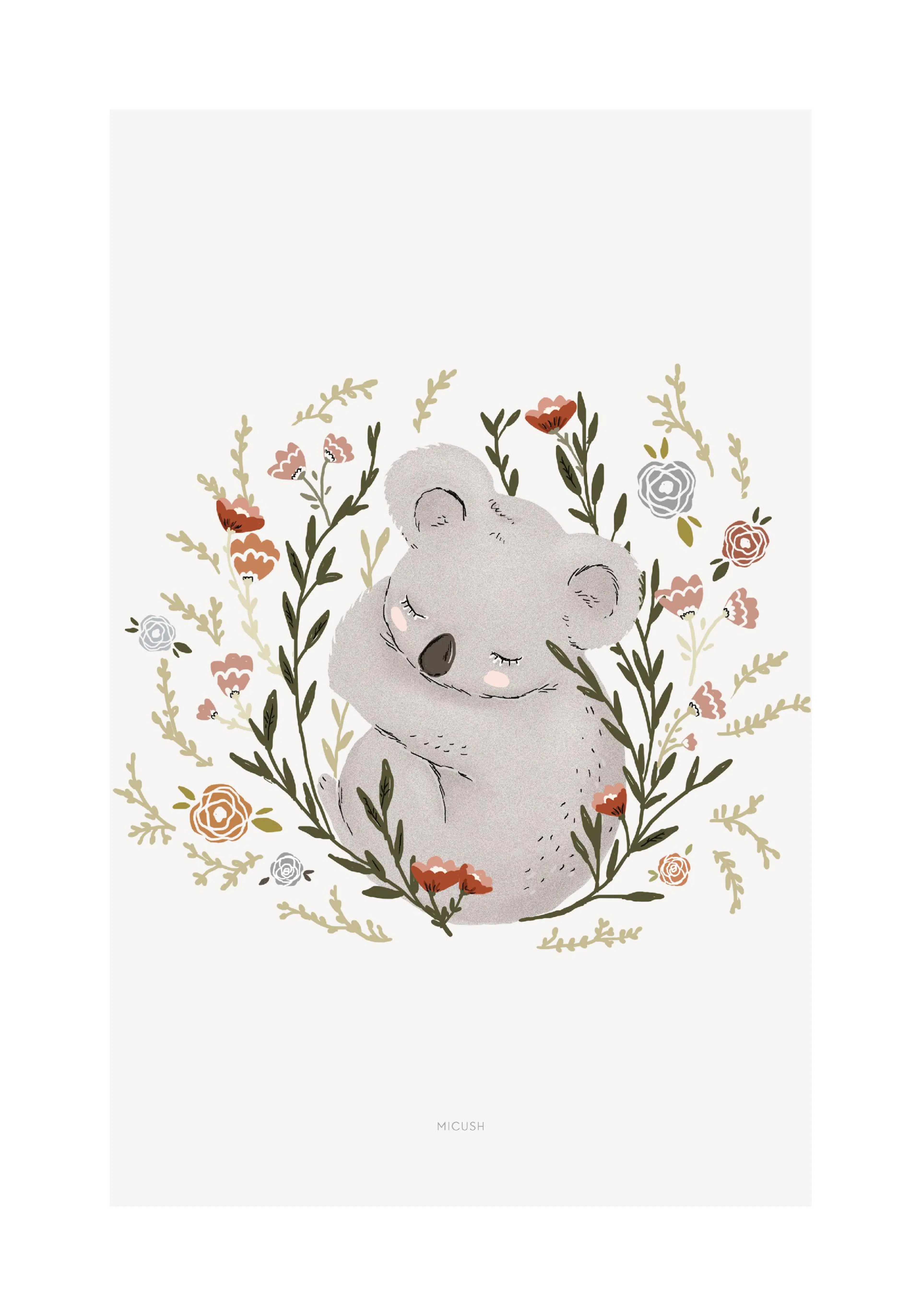 花に囲まれ眠るかわいいコアラを描いたポスター。子供部屋に最適なデザイン。