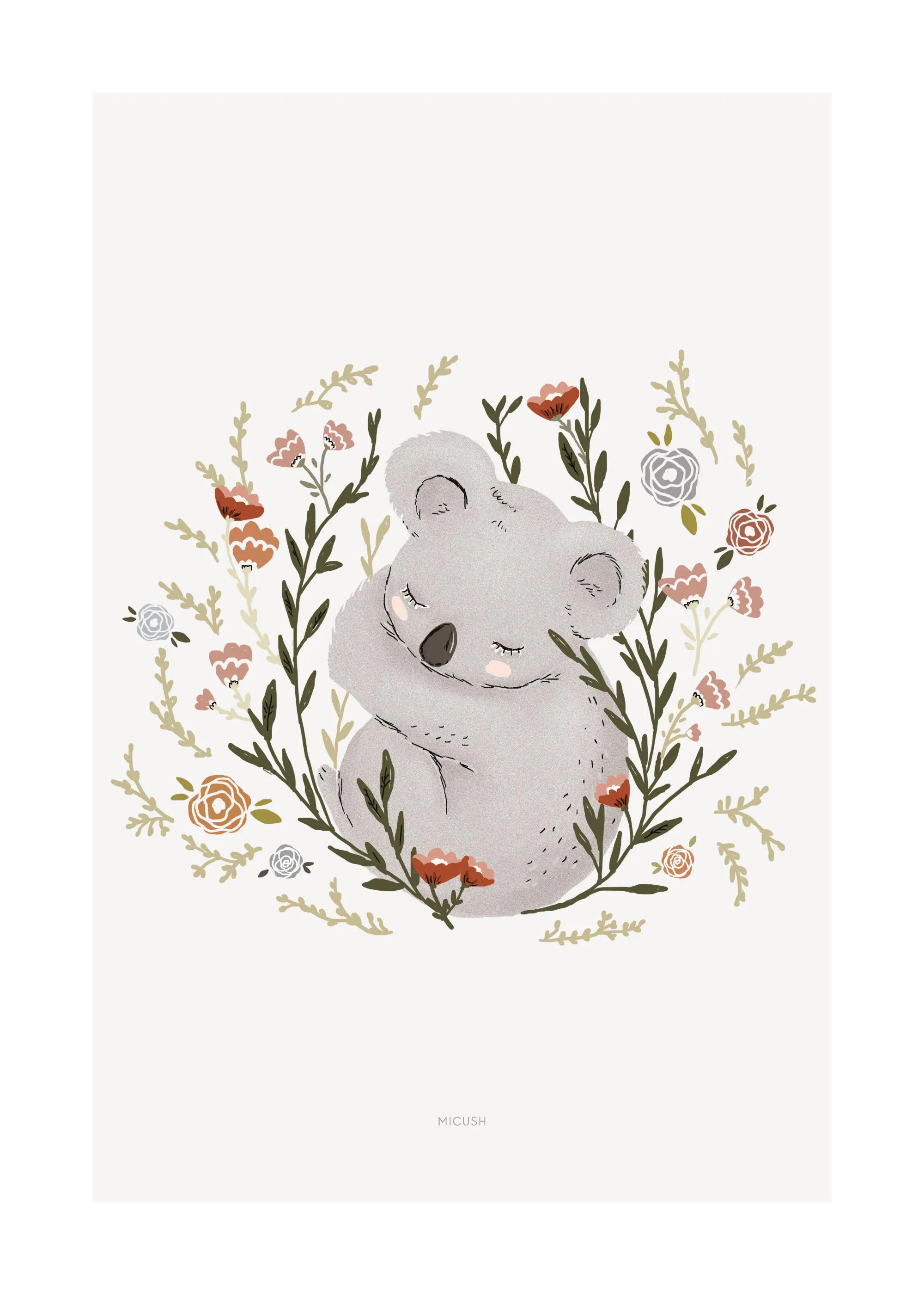 A poster featuring a sleeping koala surrounded by a wreath of leaves and colourful flowers.
