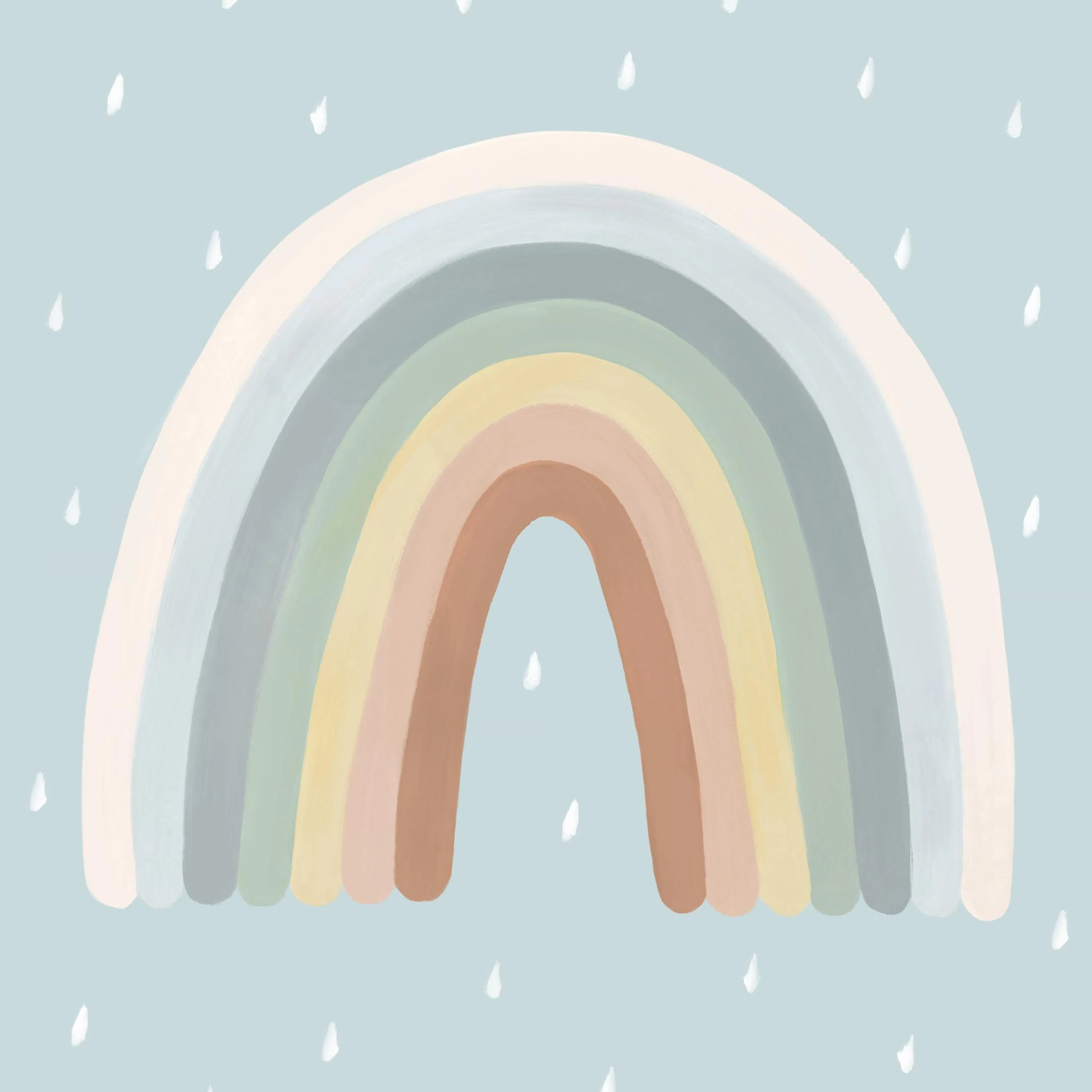 Poster con arcobaleno dai colori pastello, rosa, verde, giallo e marrone, su sfondo azzurro con gocce di pioggia bianche.