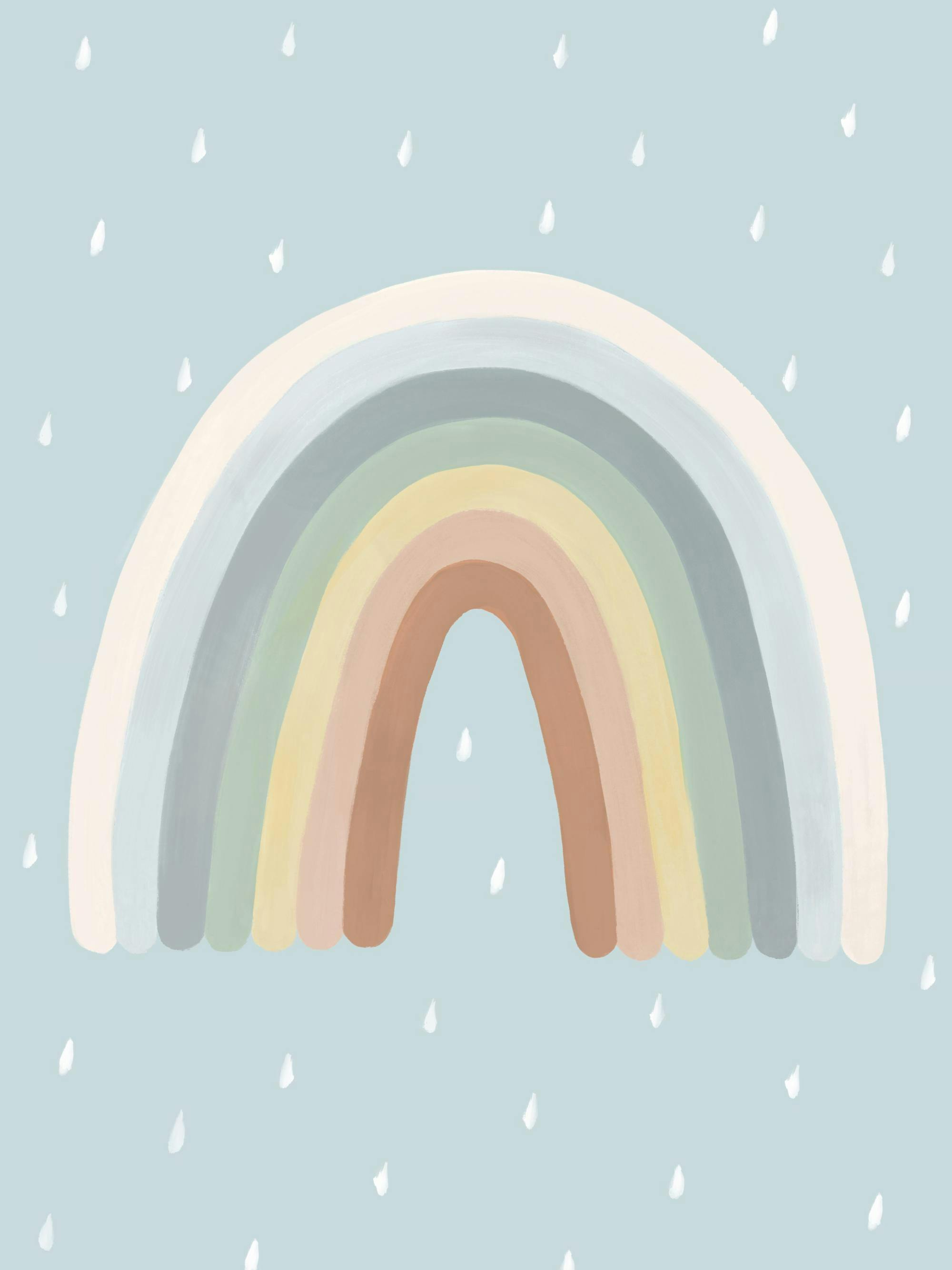 Poster: Ein Regenbogen in Pastellfarben wie Beige, Gelb, Grün, Grau, Hellblau auf hellblauem Hintergrund mit weissen Regentropfe