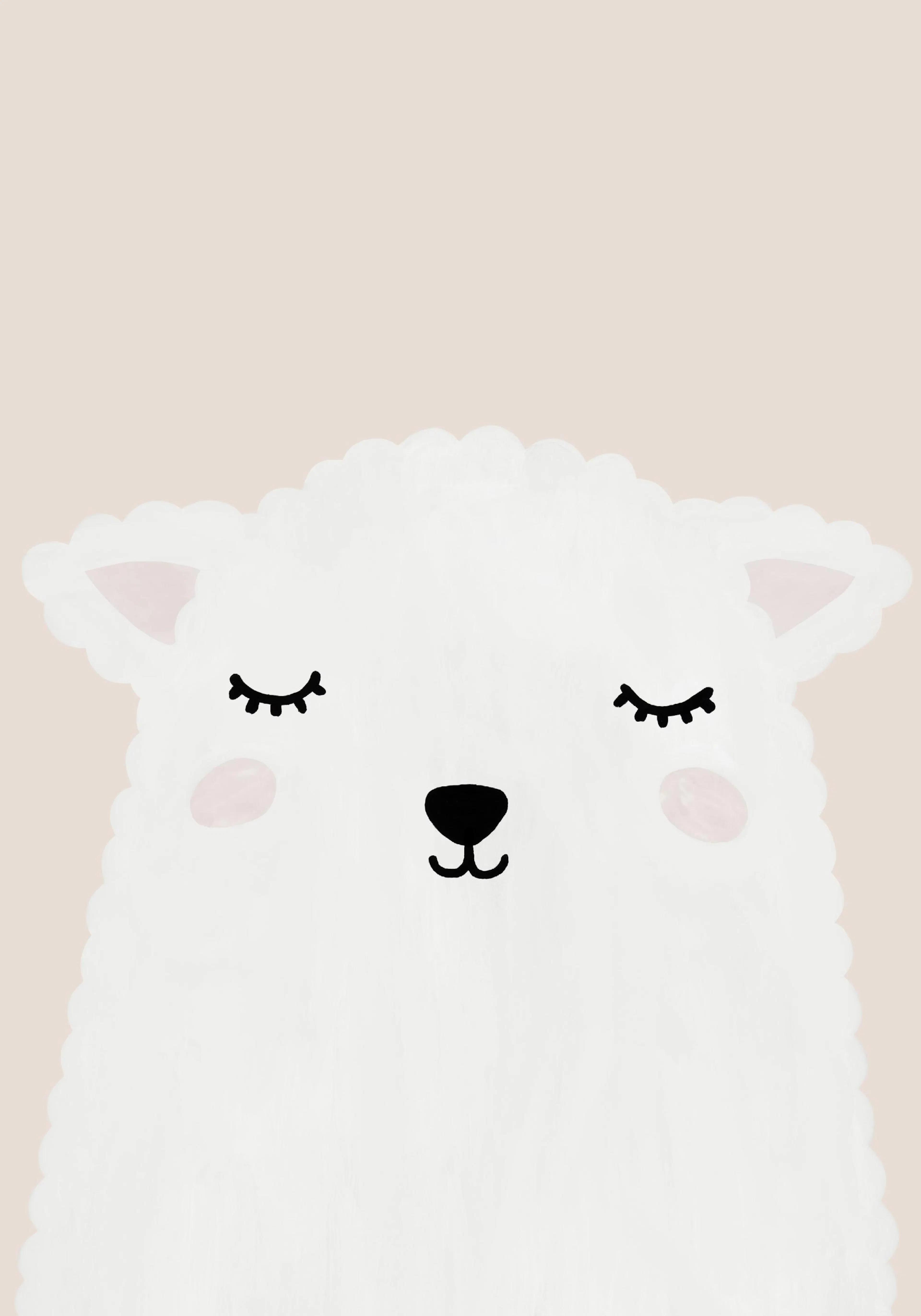 A poster featuring a cute, minimal white sheep illustration with closed eyes, pink cheeks, and a black nose on a light beige bac