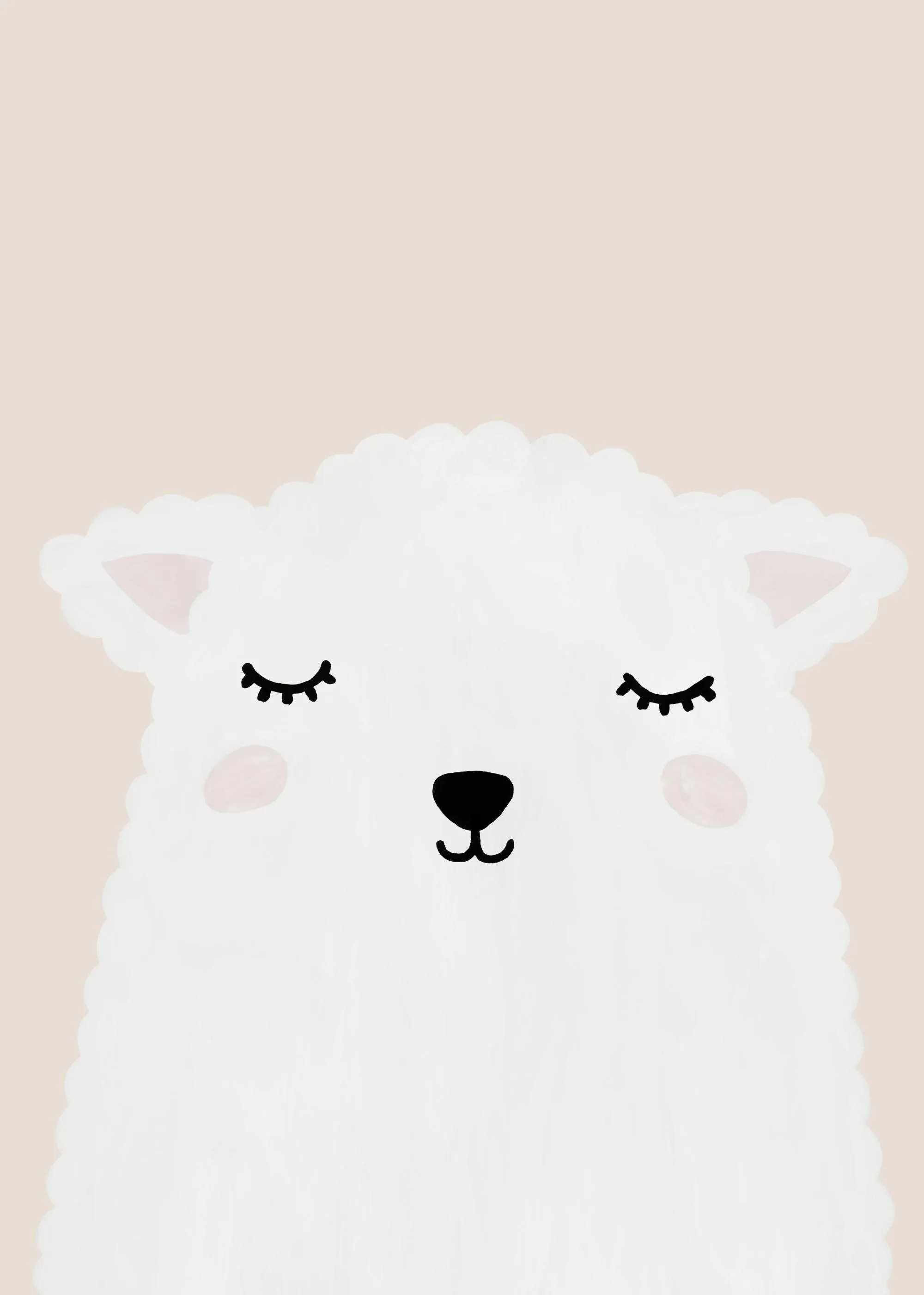 A poster featuring a sleepy white lamb or sheep face with closed eyes and a small black nose and mouth on a light pink backgroun