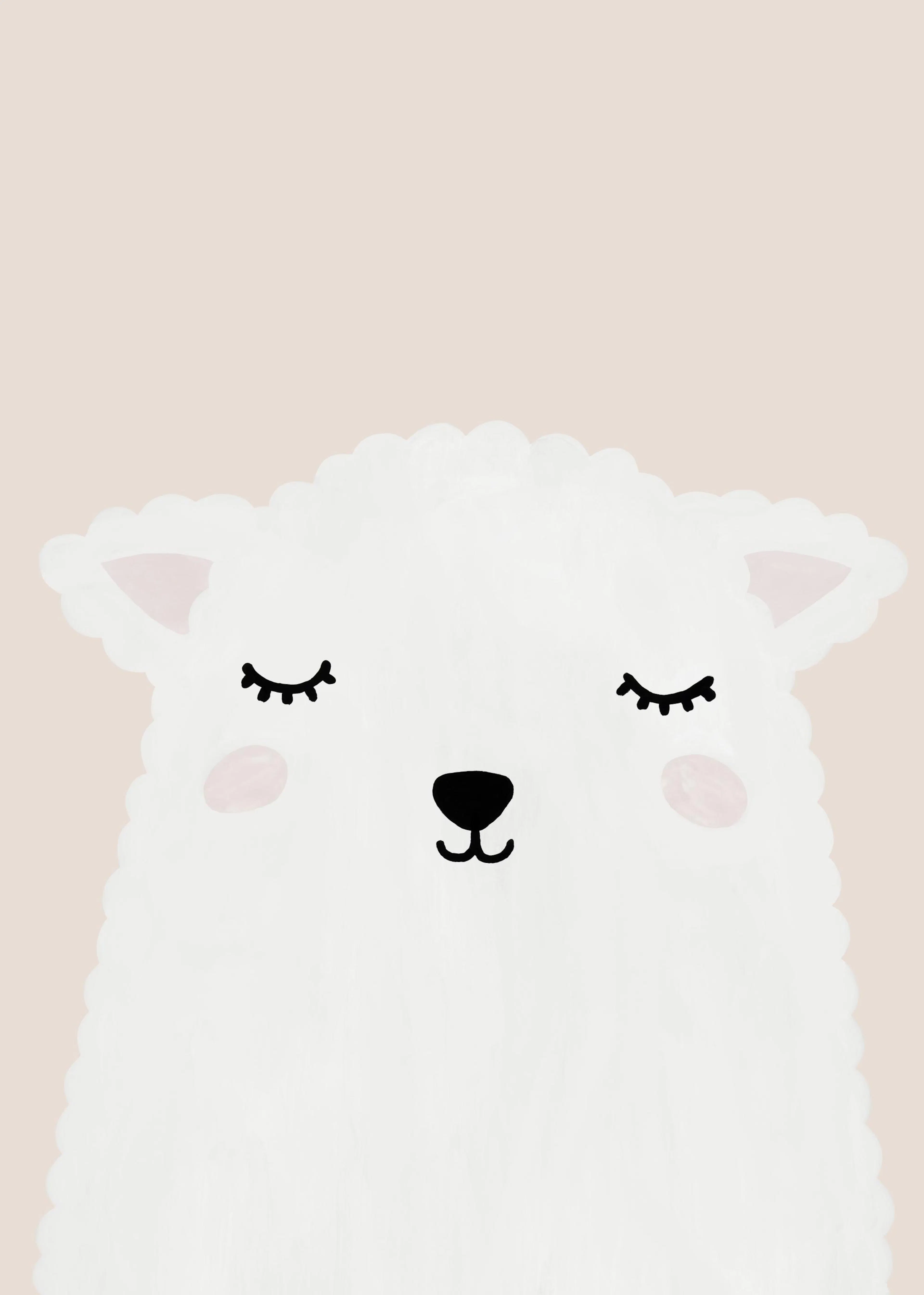 A poster featuring a sleepy white lamb or sheep face with closed eyes and a small black nose and mouth on a light pink backgroun