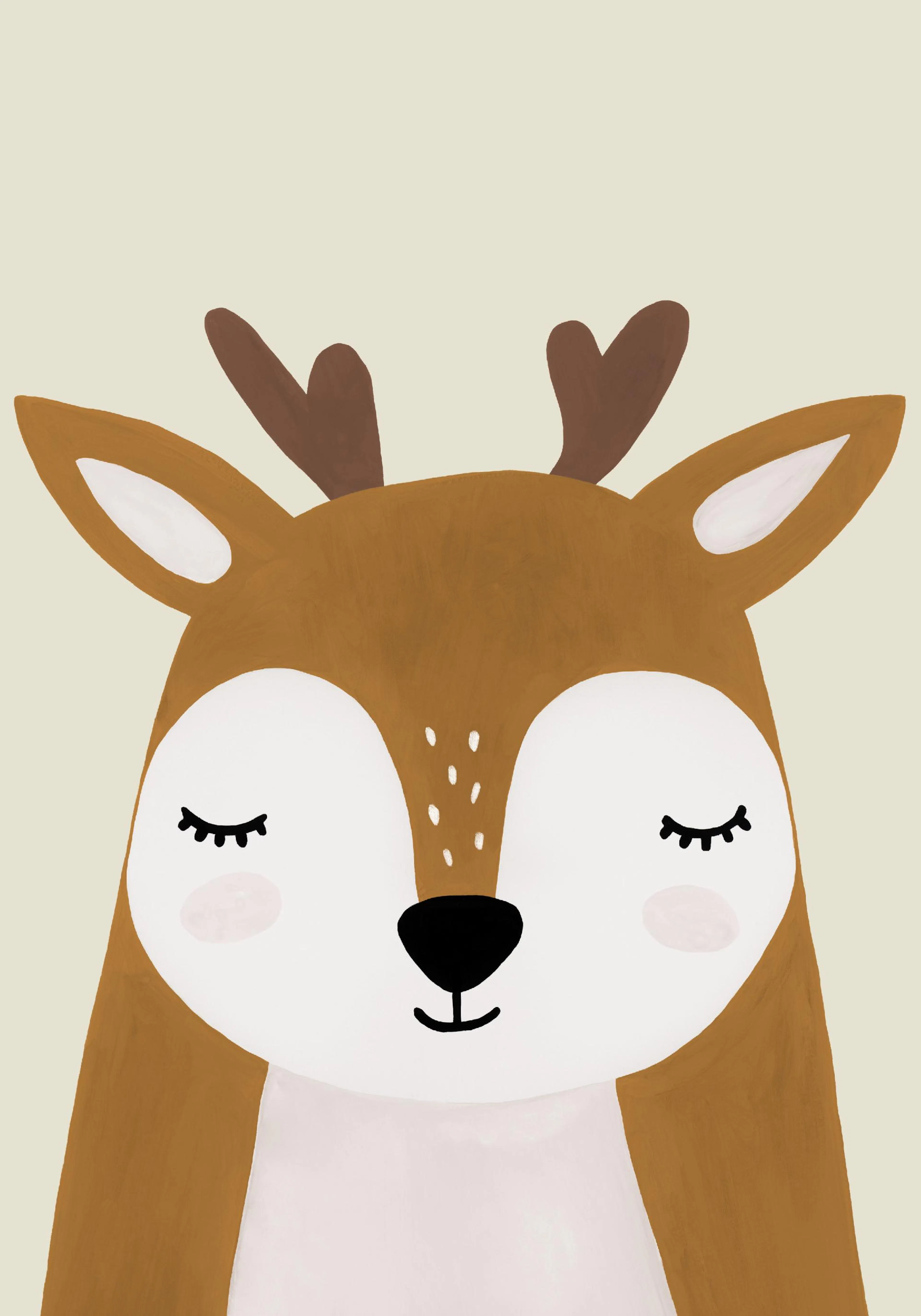A poster featuring a sleepy watercolor deer illustration with closed eyes, brown antlers, and a cute black nose on a light backg