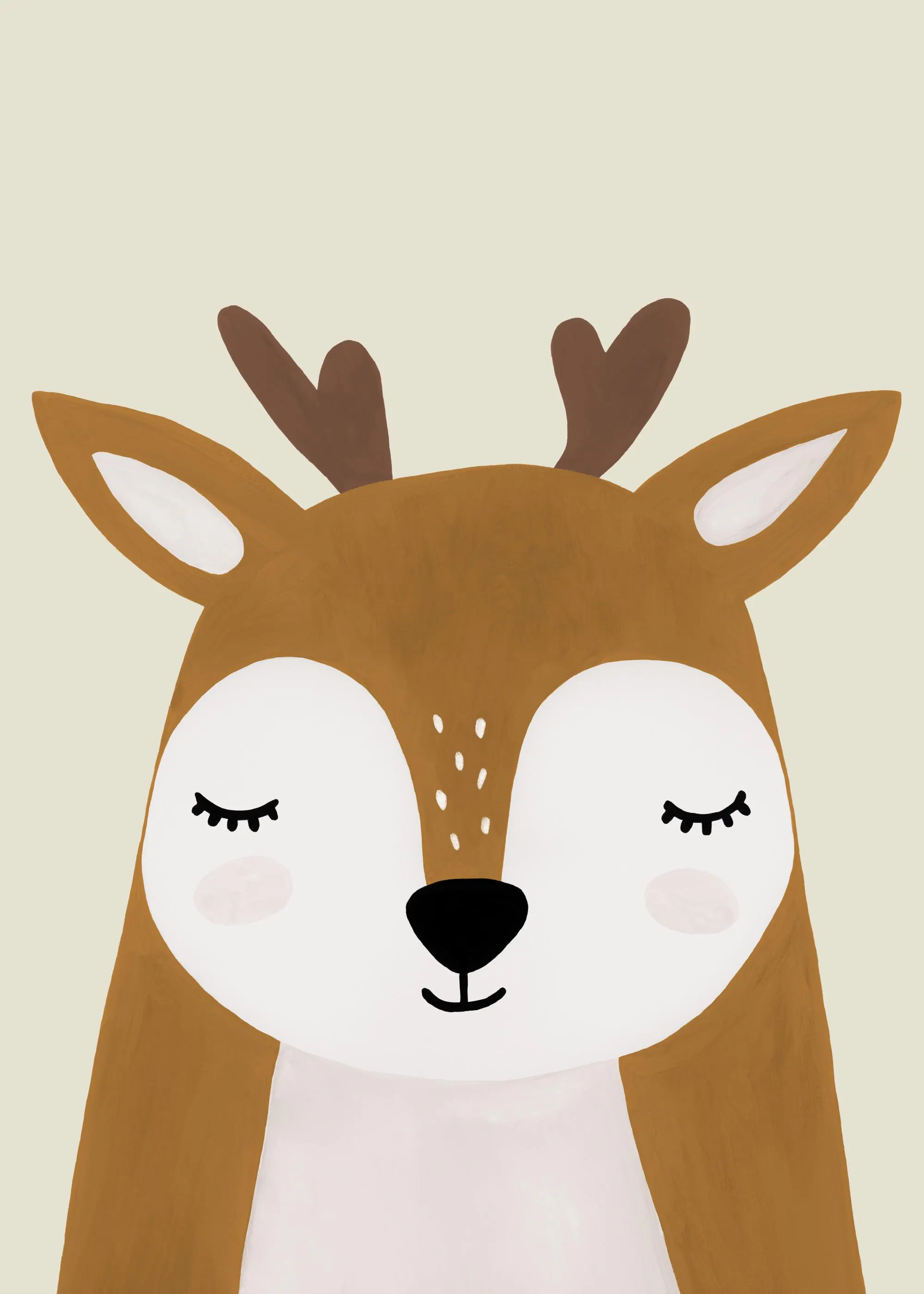A poster featuring a sleepy brown deer with dark brown antlers, closed eyes, and a small black nose and mouth on a light backgro