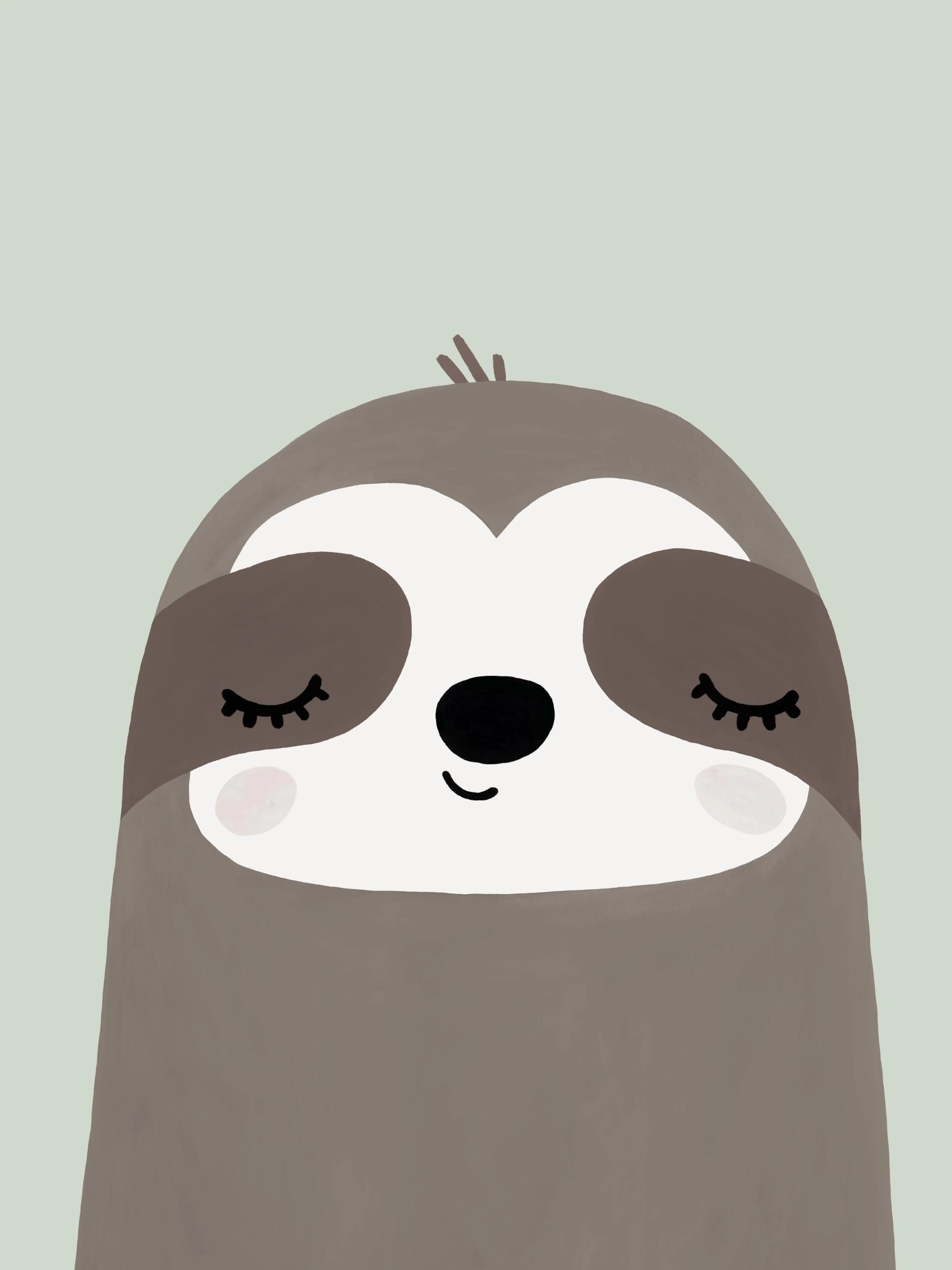 Póster de una adorable ilustración de un perezoso durmiendo, con ojos cerrados y una sonrisa sutil, sobre un fondo verde claro.