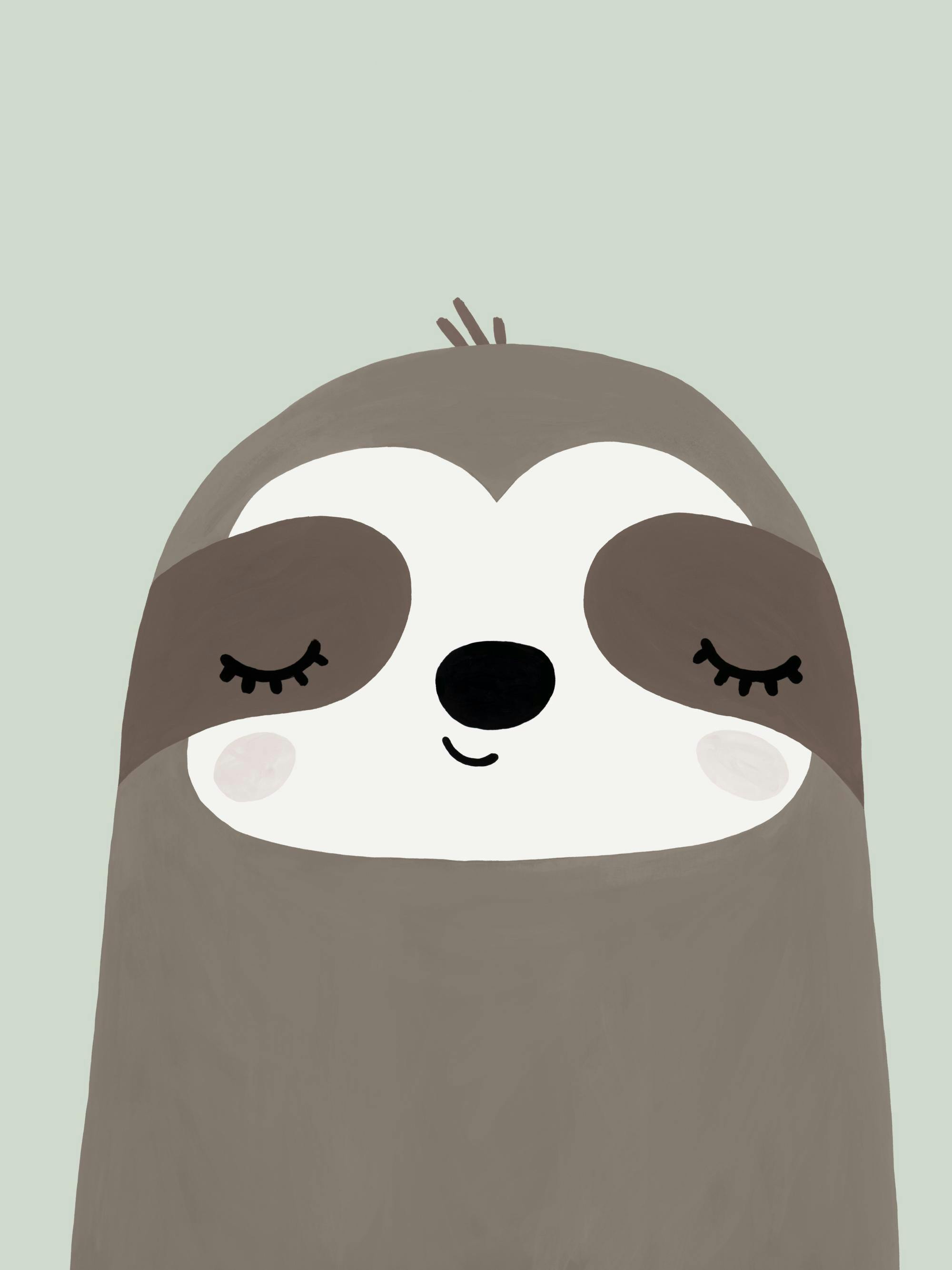Poster eines niedlichen Faultiers mit geschlossenen Augen und kleinen Strichen auf dem Kopf, auf hellgrünem Hintergrund.