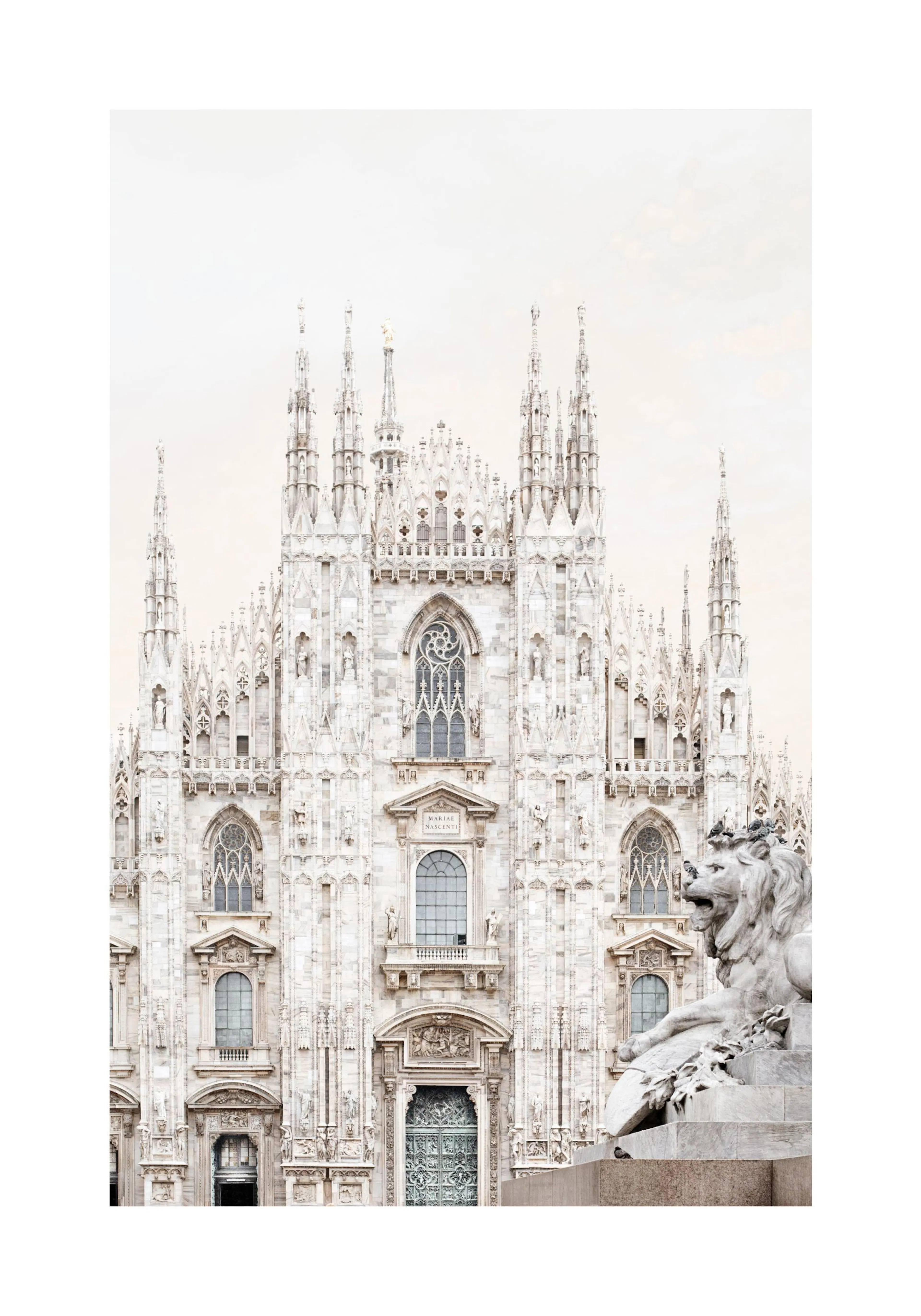 A poster featuring the Milan Cathedrals ornate white facade with spires, statues, and a lion sculpture in the foreground.