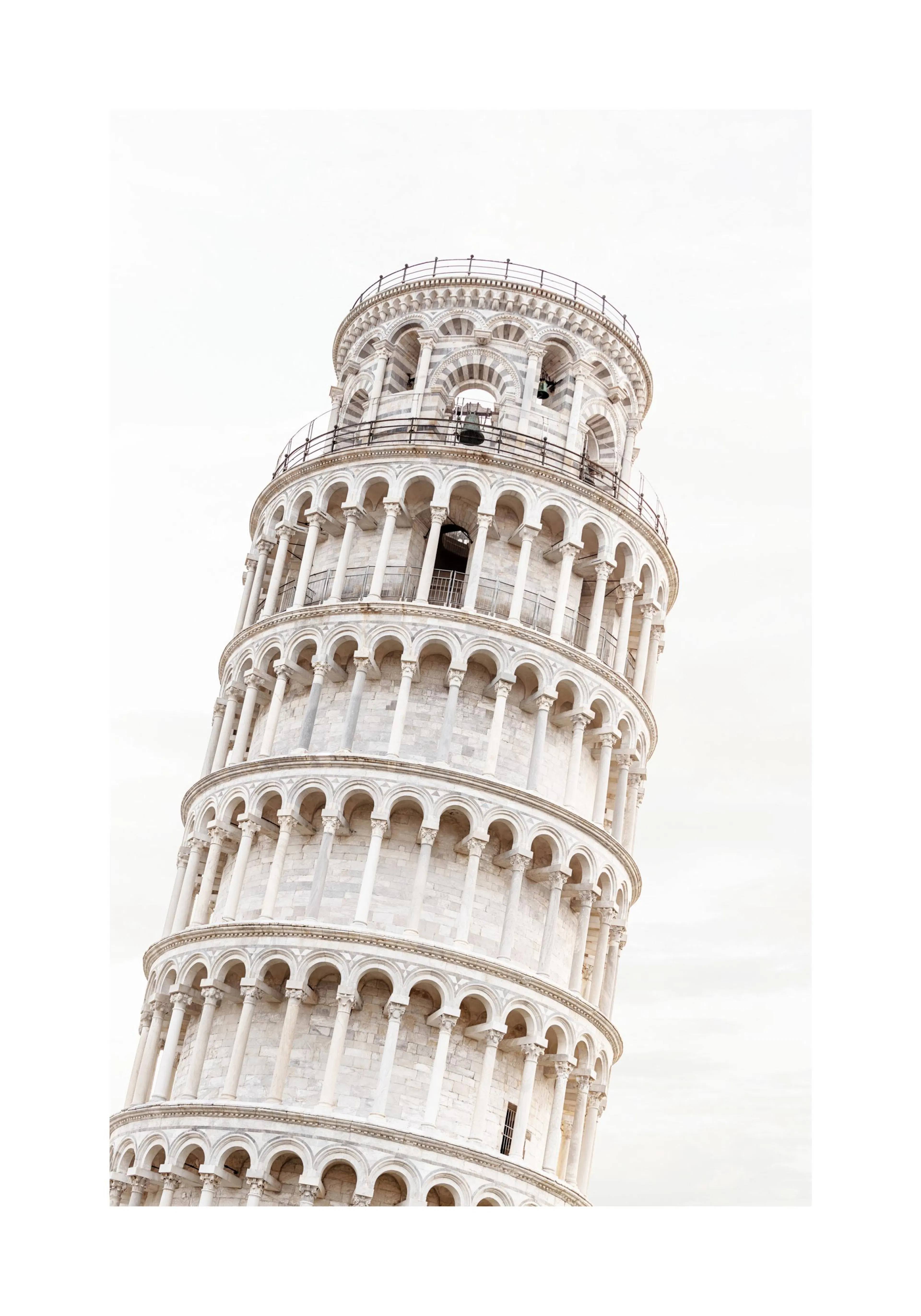 A poster featuring the Leaning Tower of Pisa, showing its iconic white marble arches and columns against a bright sky.