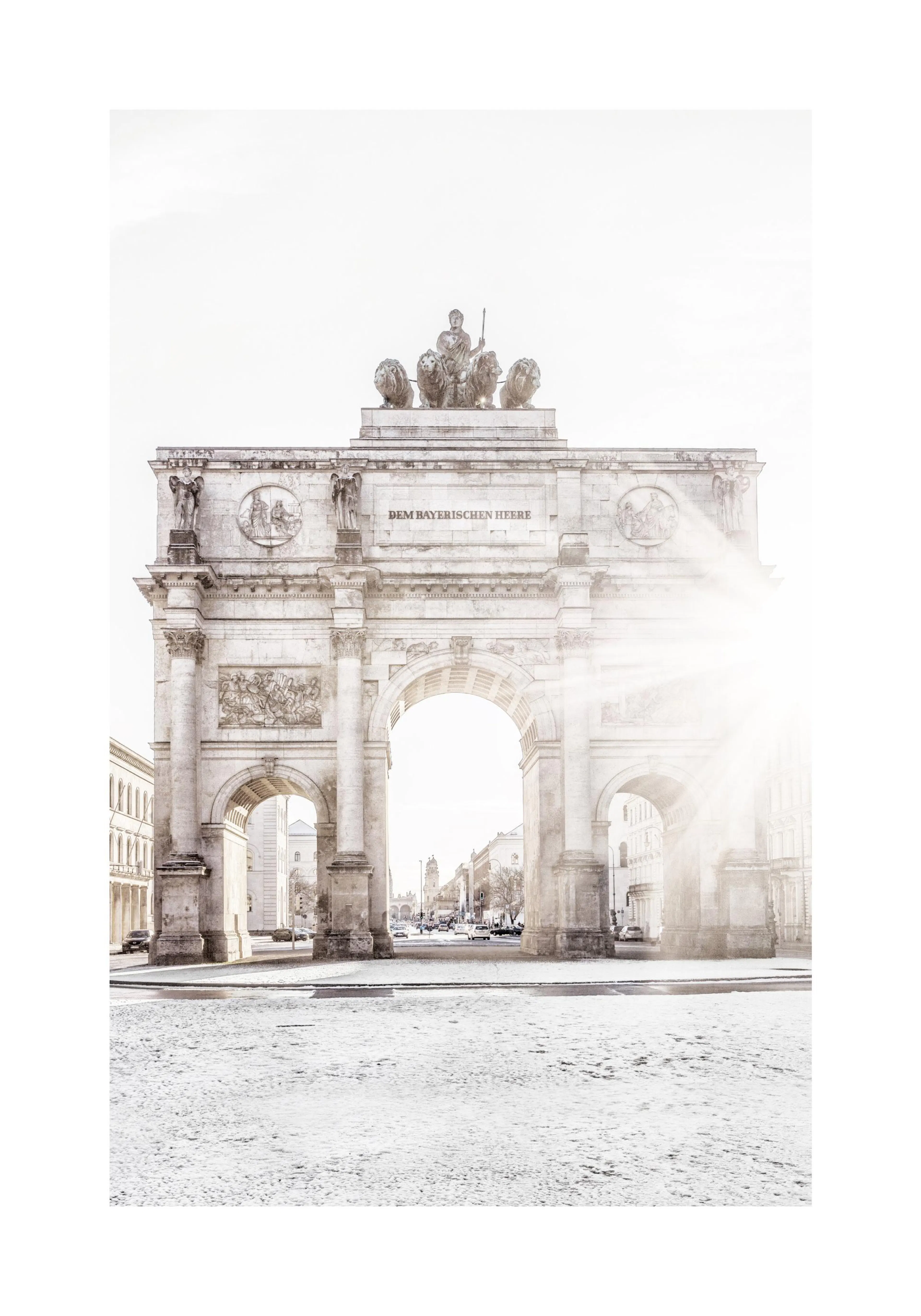 A poster featuring a white stone triumphal arch with sculptures and a bright sun flare, overlooking a city street.