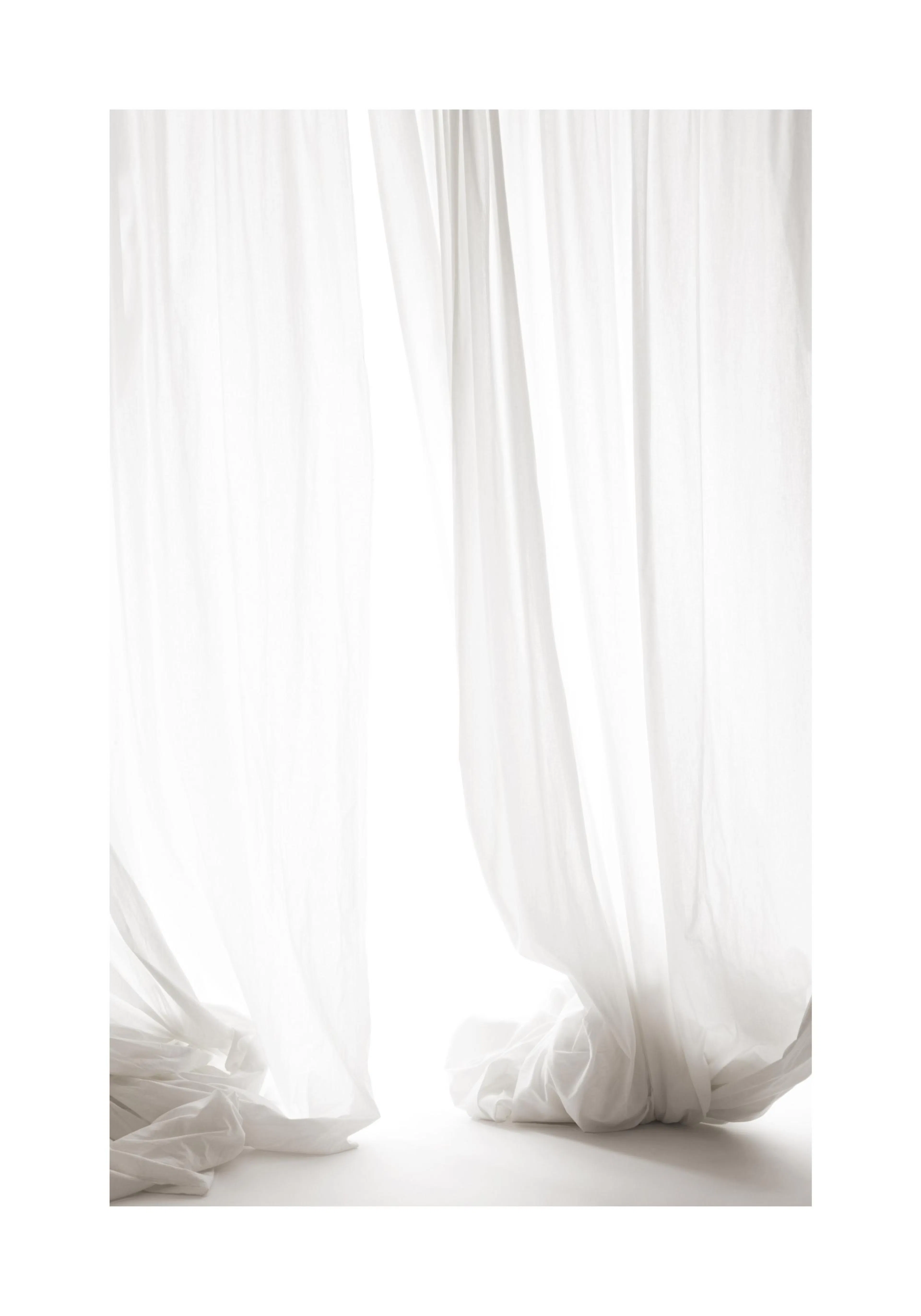 A poster featuring sheer white curtains pulled open, allowing bright white light to stream through the center.
