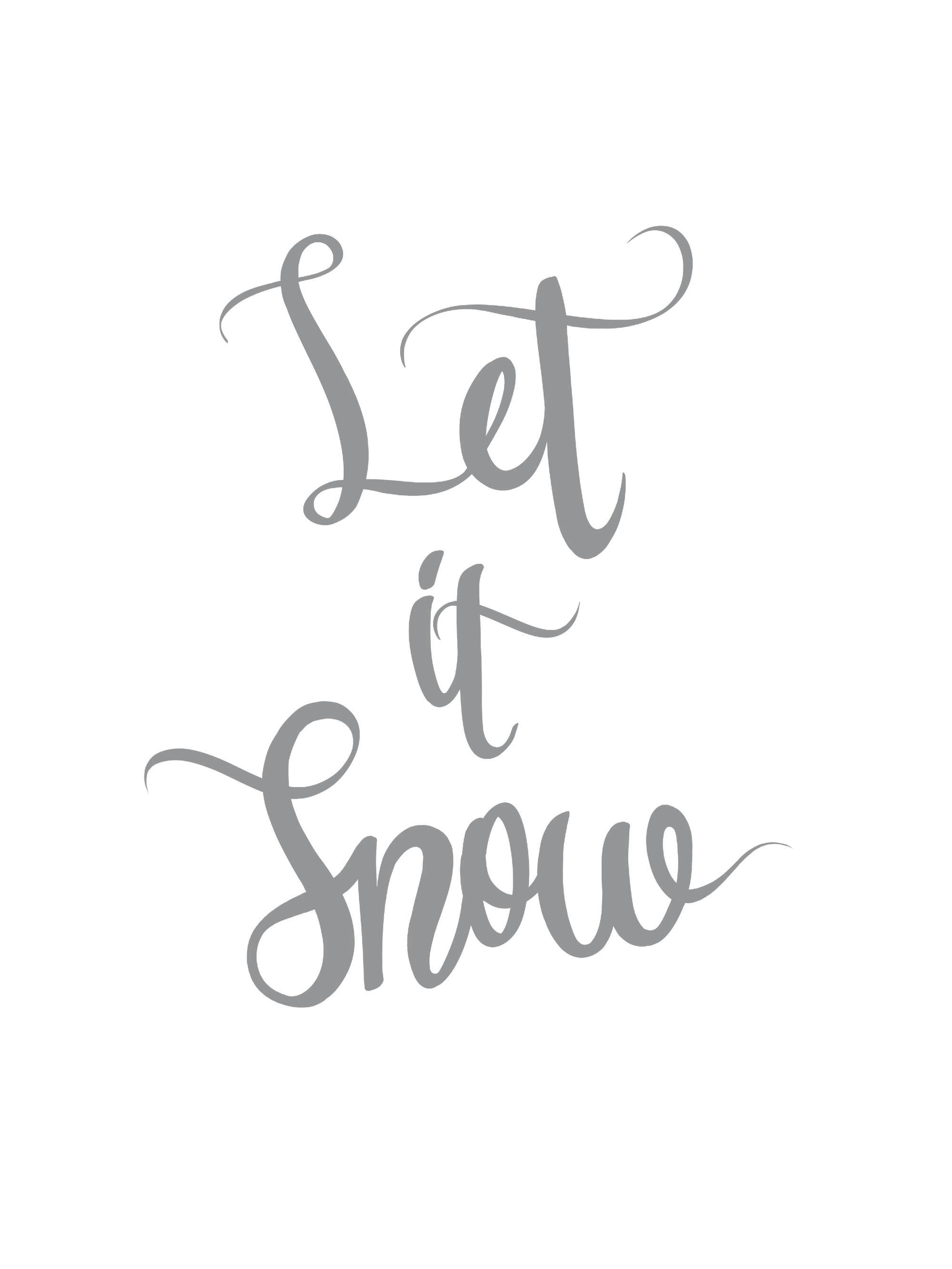 Un poster cu textul Let it Snow scris caligrafic cu litere gri pe un fundal alb.