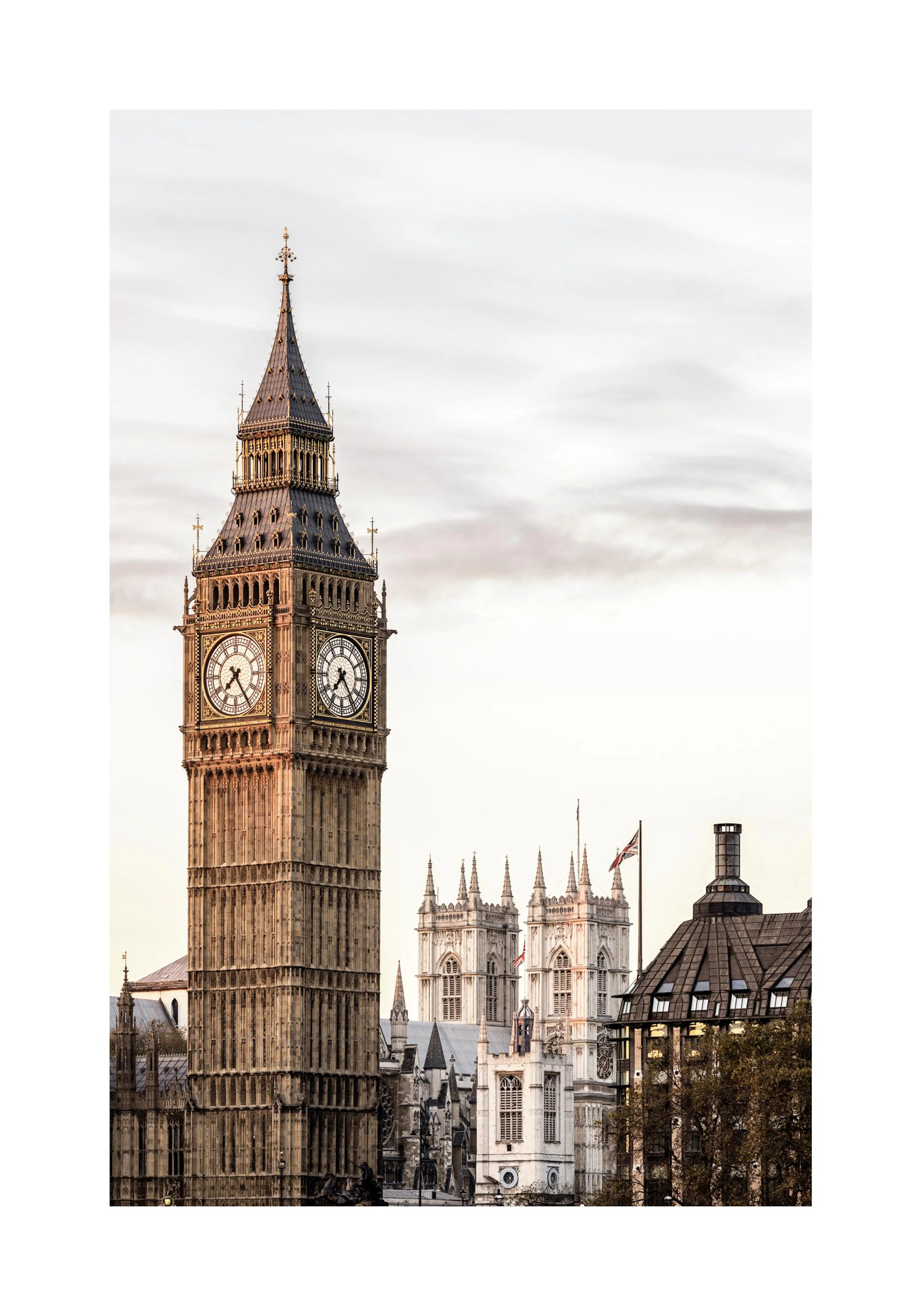 A poster featuring the iconic Big Ben clock tower and the Houses of Parliament in London under a clear sky.