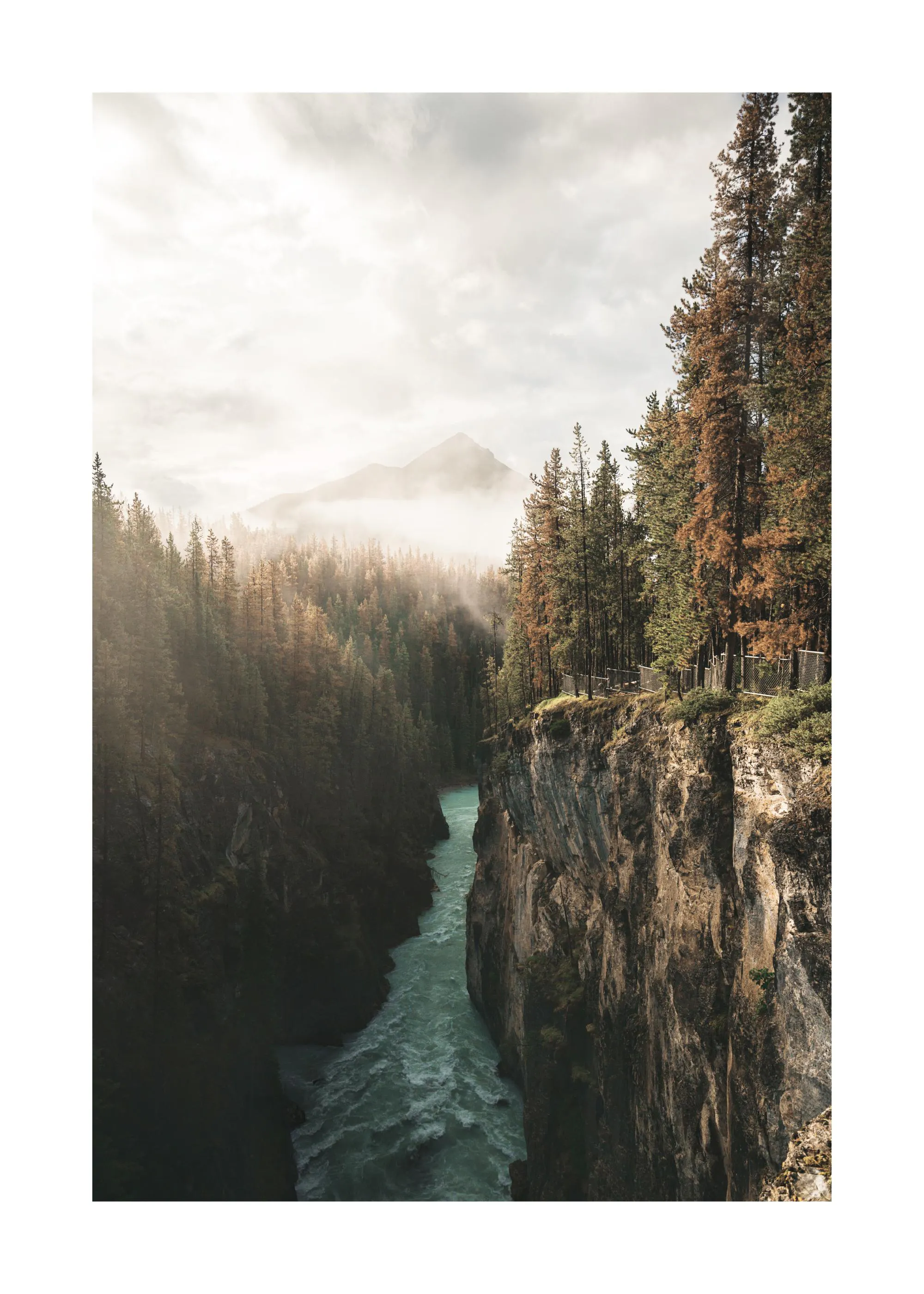 Poster: Ein Fluss in einer tiefen Schlucht, umgeben von dichten Wäldern und nebelverhangenen Bergen.