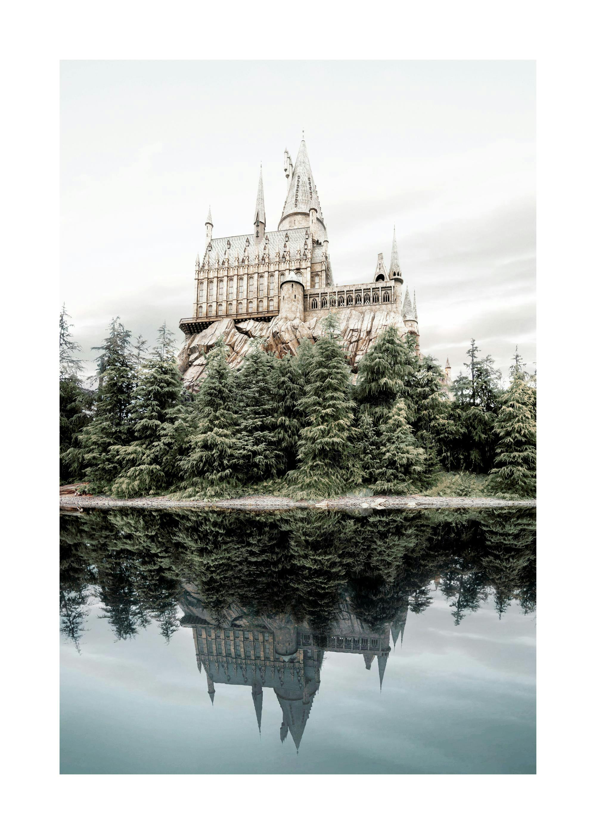 A poster featuring a large, ornate castle on a rocky cliff, reflected perfectly in the still water below.
