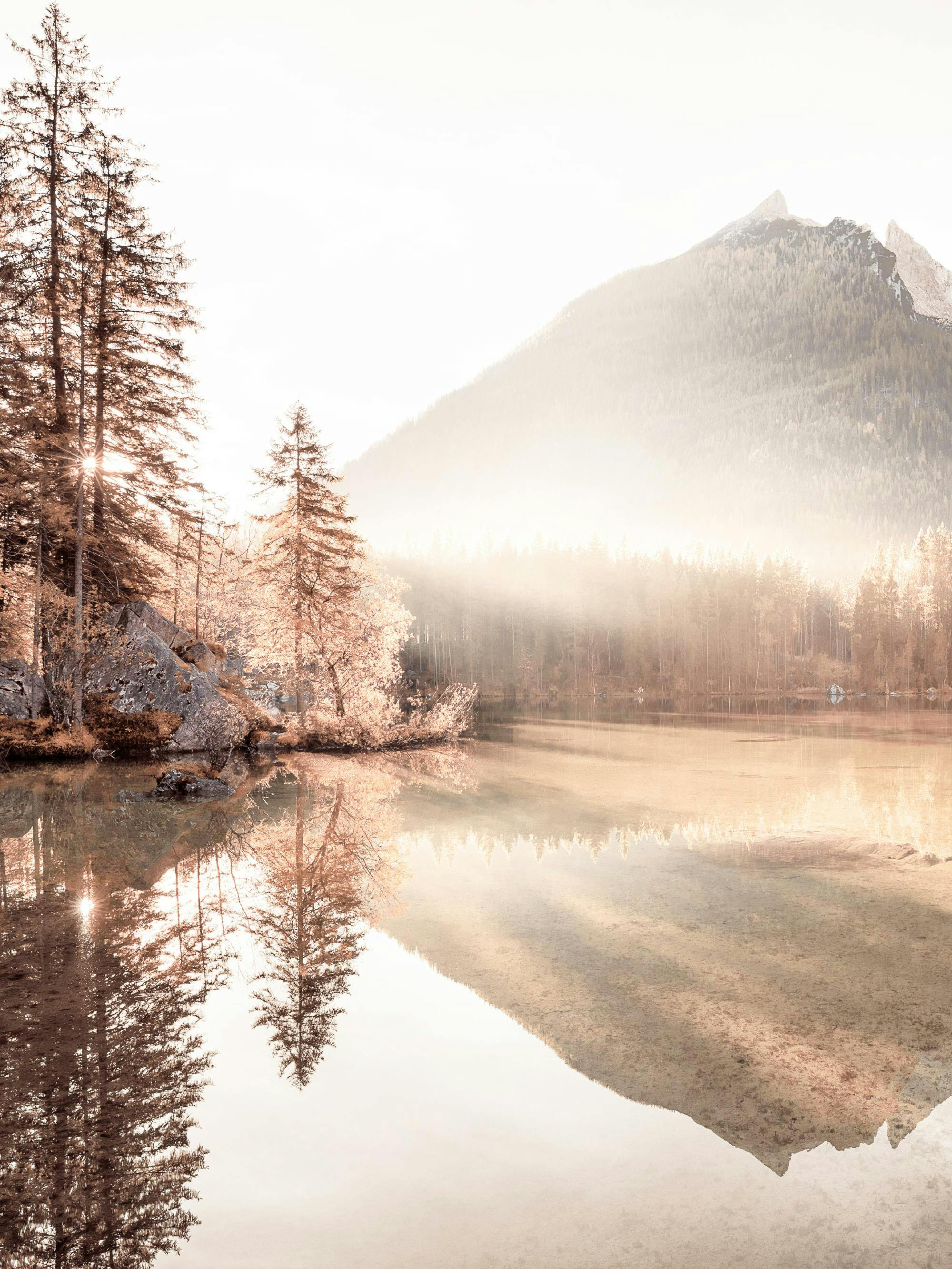 Poster di un lago alpino con montagne e alberi riflessi sullacqua, con luce solare filtrata tra le foglie.