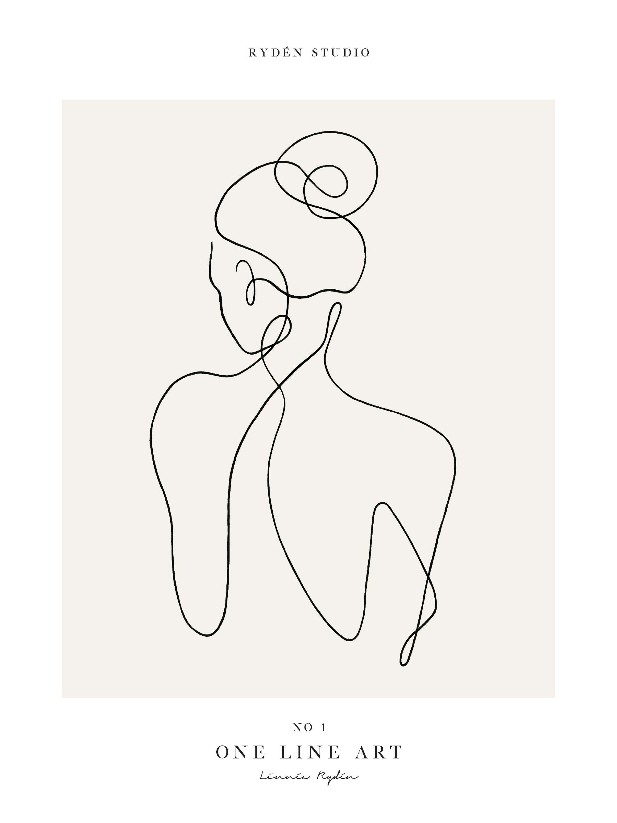 Juliste, jossa on yksinkertainen musta viivapiirros naisen selästä ja hiuksista vaalealla taustalla.