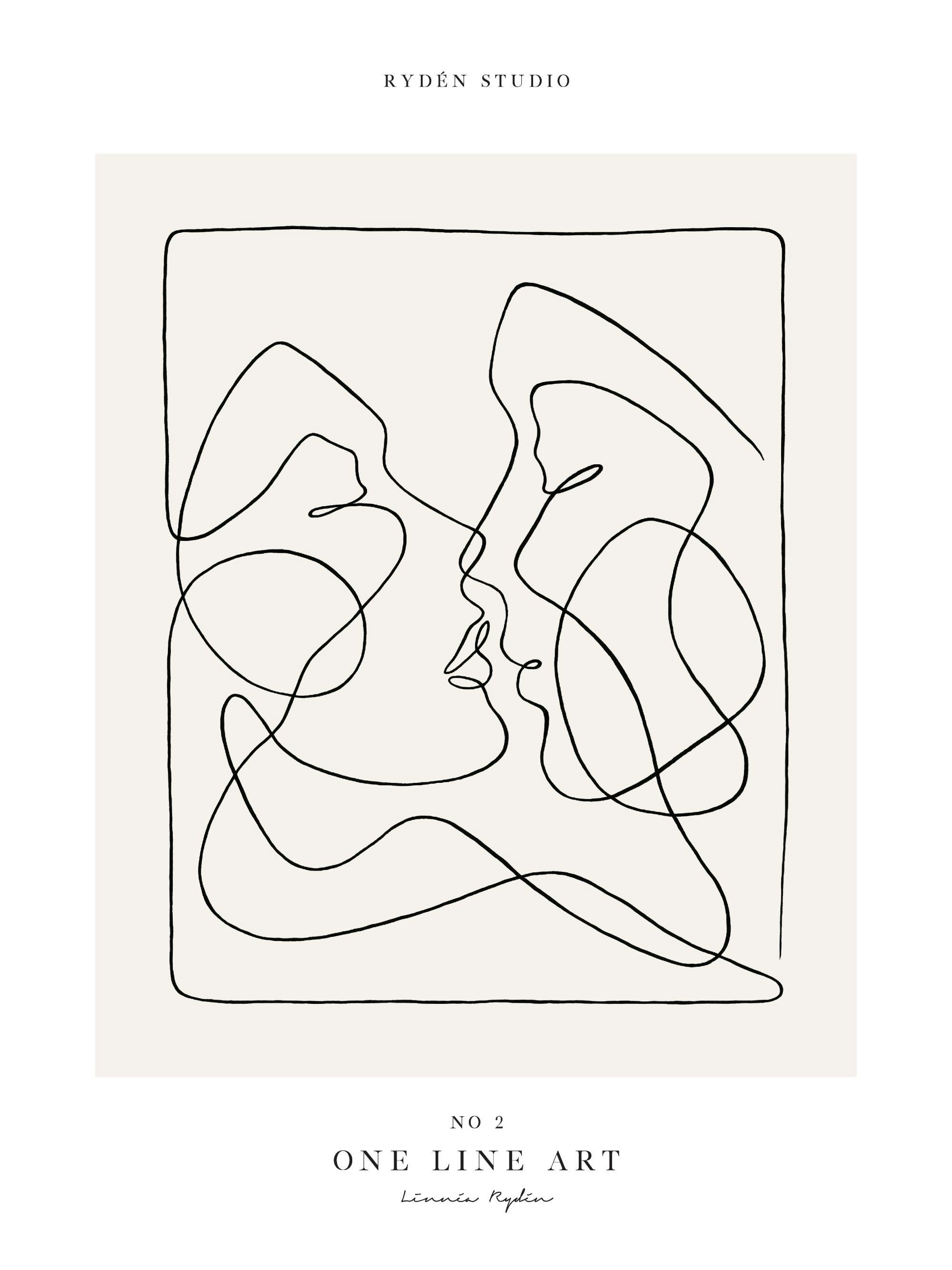 Abstracte poster met zwarte, vloeiende lijnen die twee gezichten en een kus vormen op een lichte achtergrond.