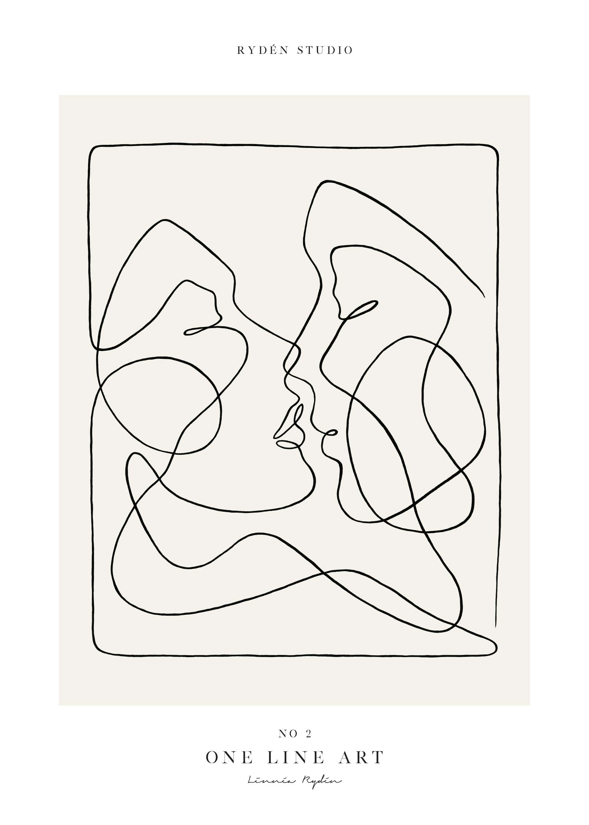 A poster featuring a continuous line drawing of two faces in profile, almost kissing, on a light background.