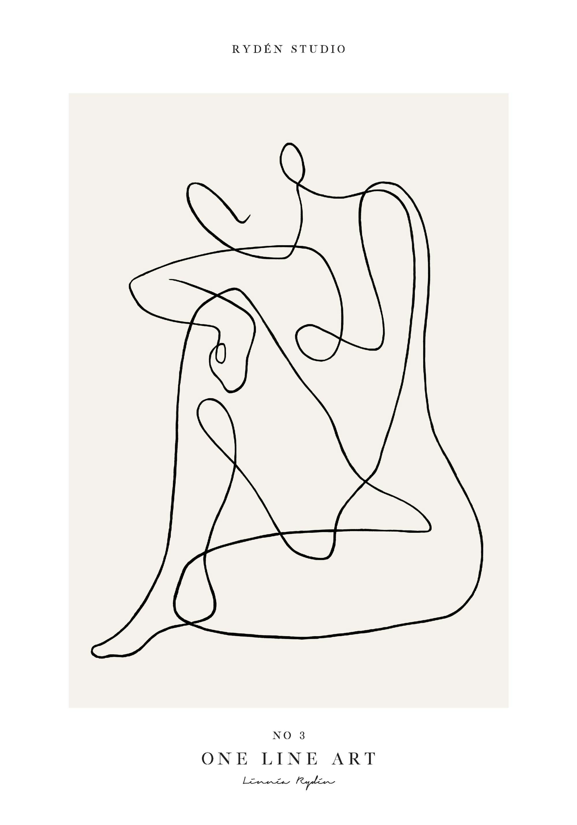 Póster de arte lineal abstracto con una figura femenina sentada en negro sobre un fondo beige.