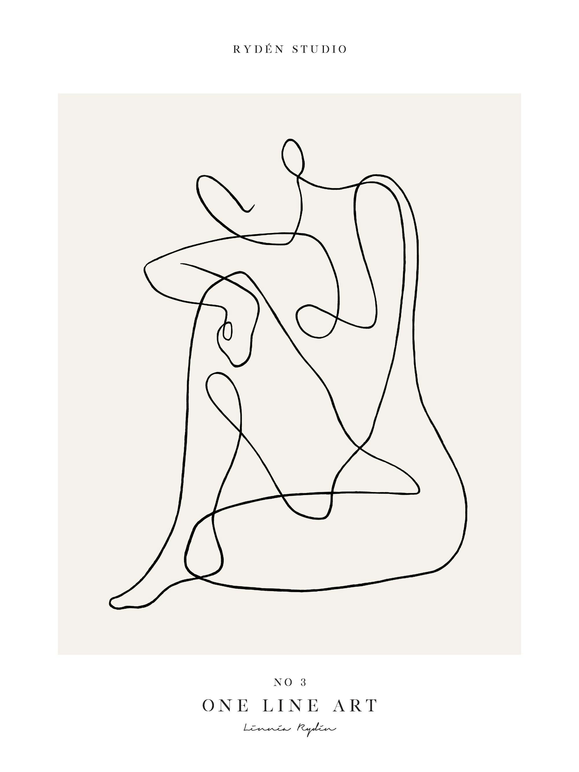 Poster mit einer sitzenden Frauenfigur als schwarze abstrakte One-Line-Art auf beigem Hintergrund.