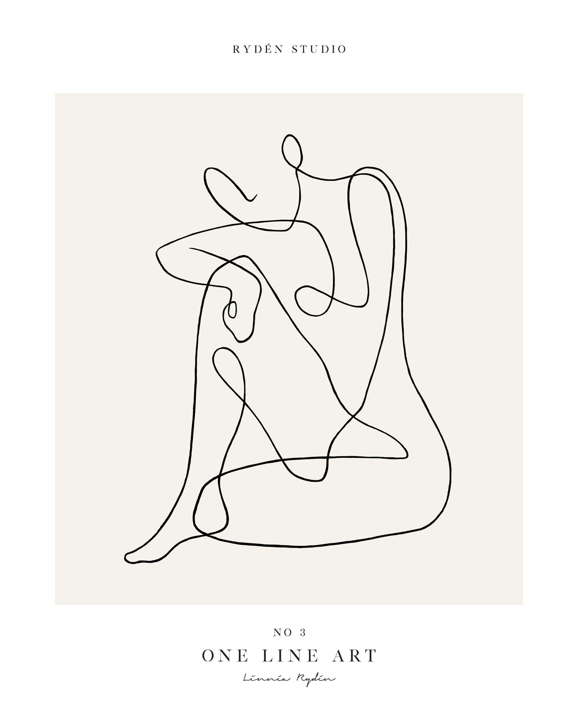 A minimalist poster featuring a continuous black line drawing of a seated female figure on a beige background.