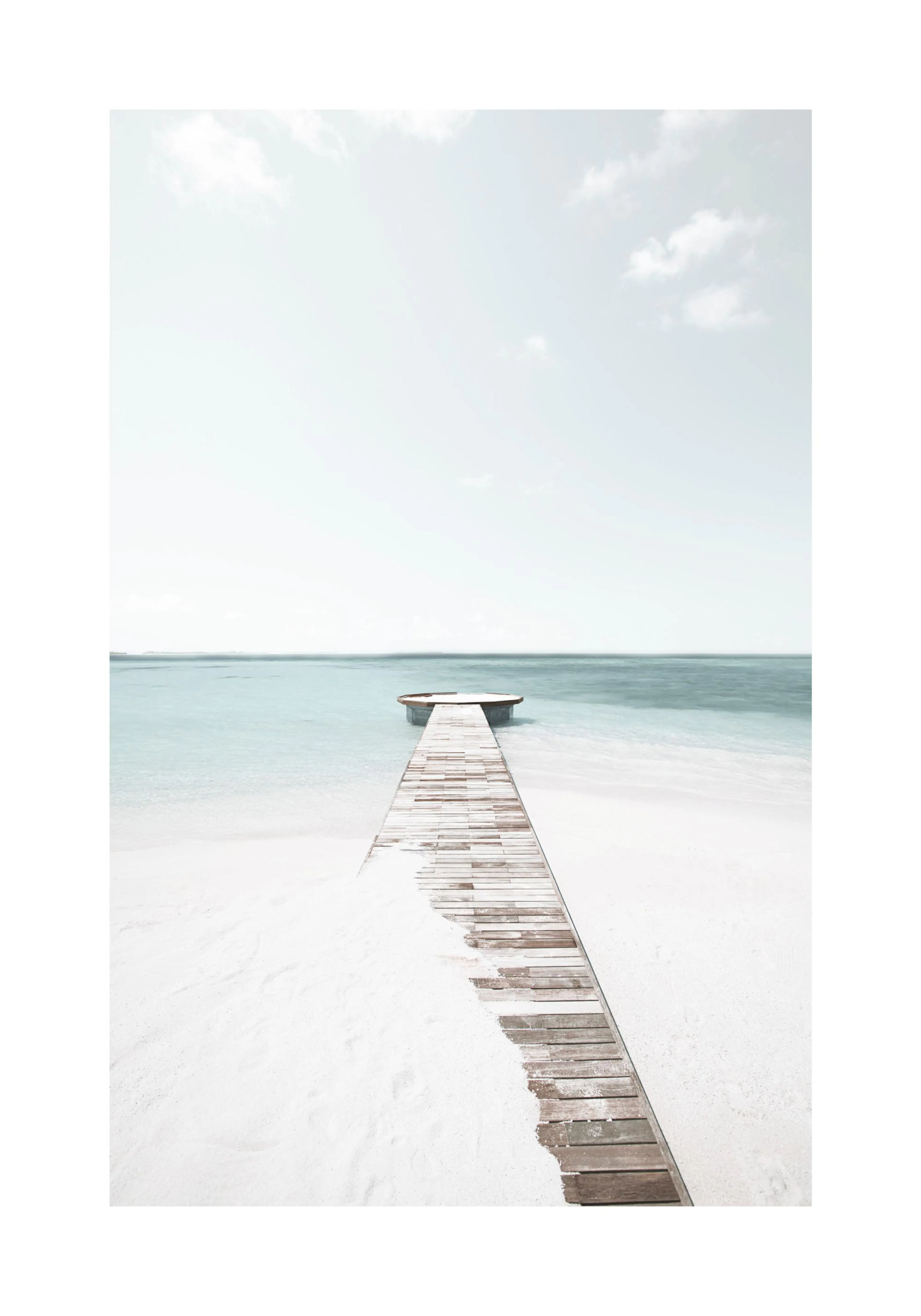 A poster of a long wooden pier extending into calm turquoise ocean water under a pale sky.