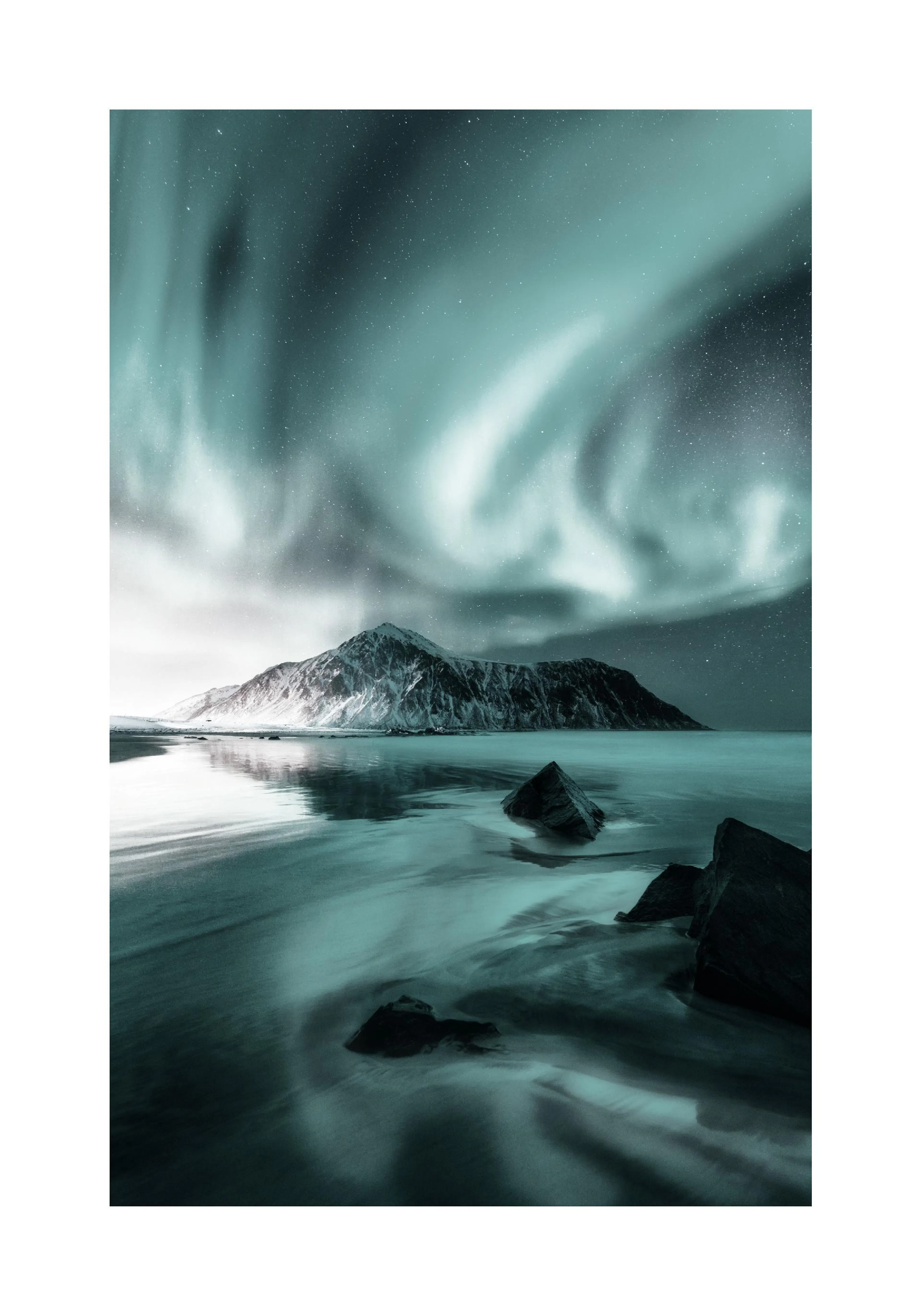 A poster featuring a vibrant green aurora borealis above a snow-capped mountain and dark ocean with rocks.