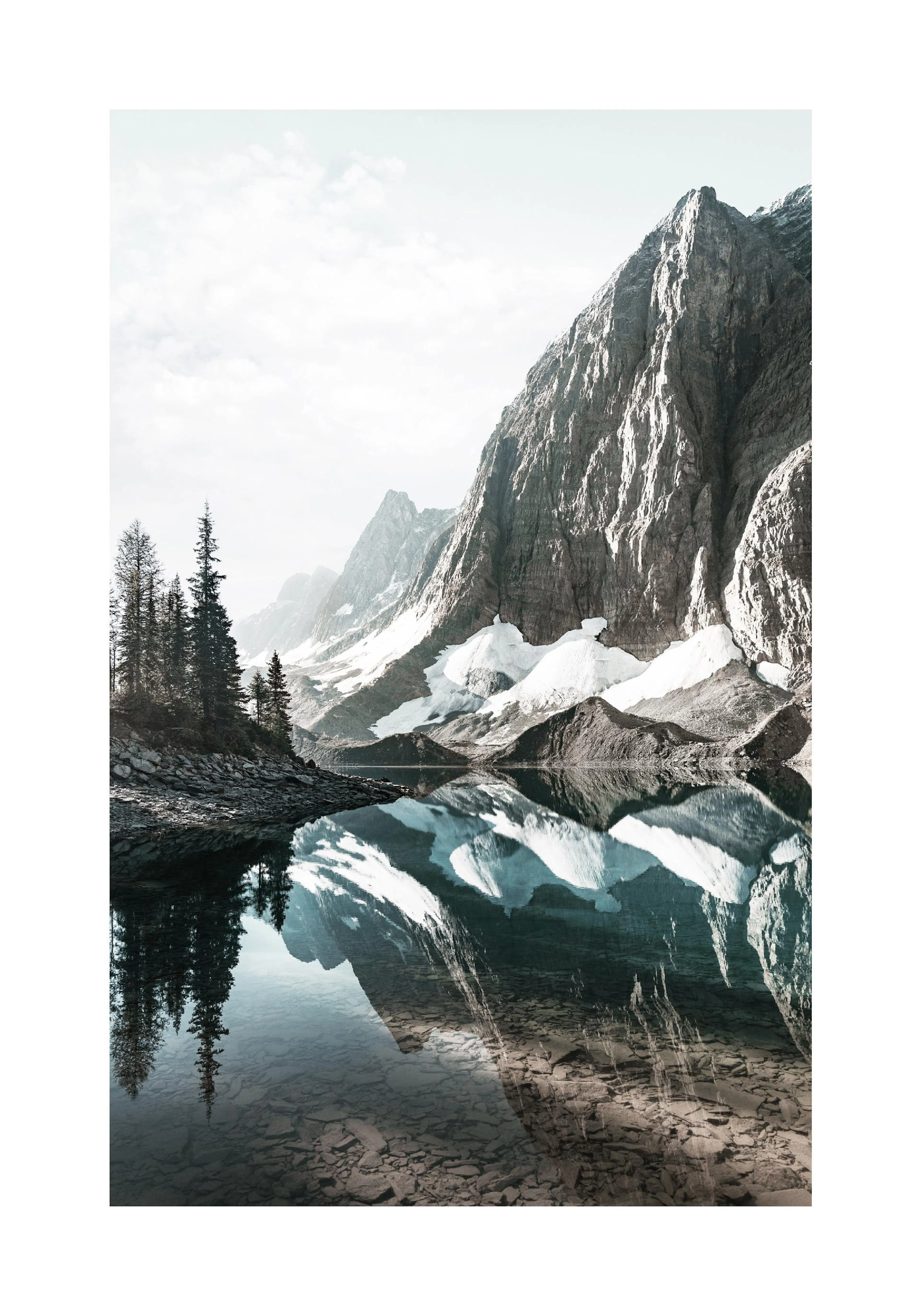 A poster featuring a mountain lake with its surrounding peaks and pine trees reflected in the still water.