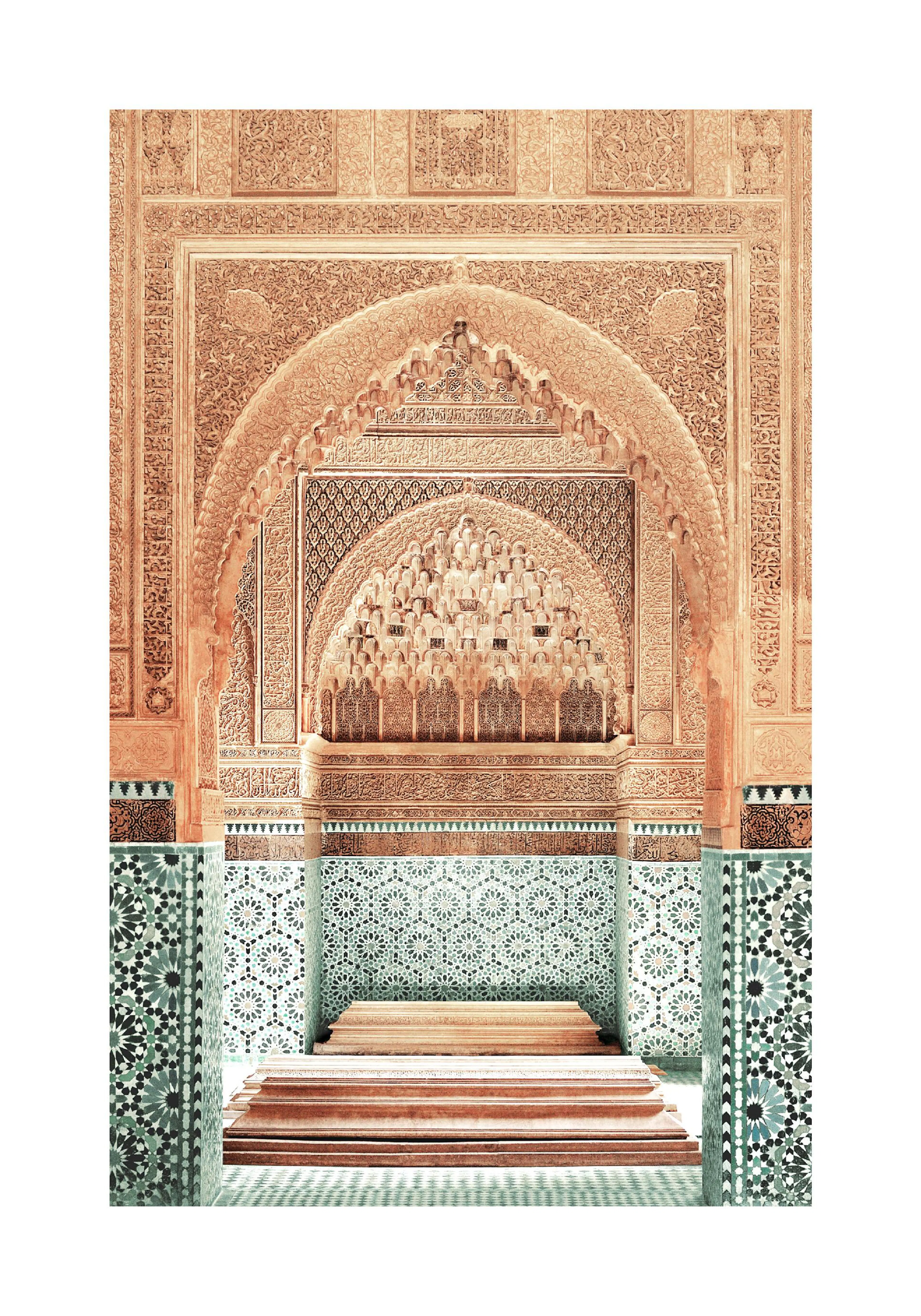 A poster featuring a Moroccan archway with intricate carvings in warm terracotta, above a green geometric tiled floor.