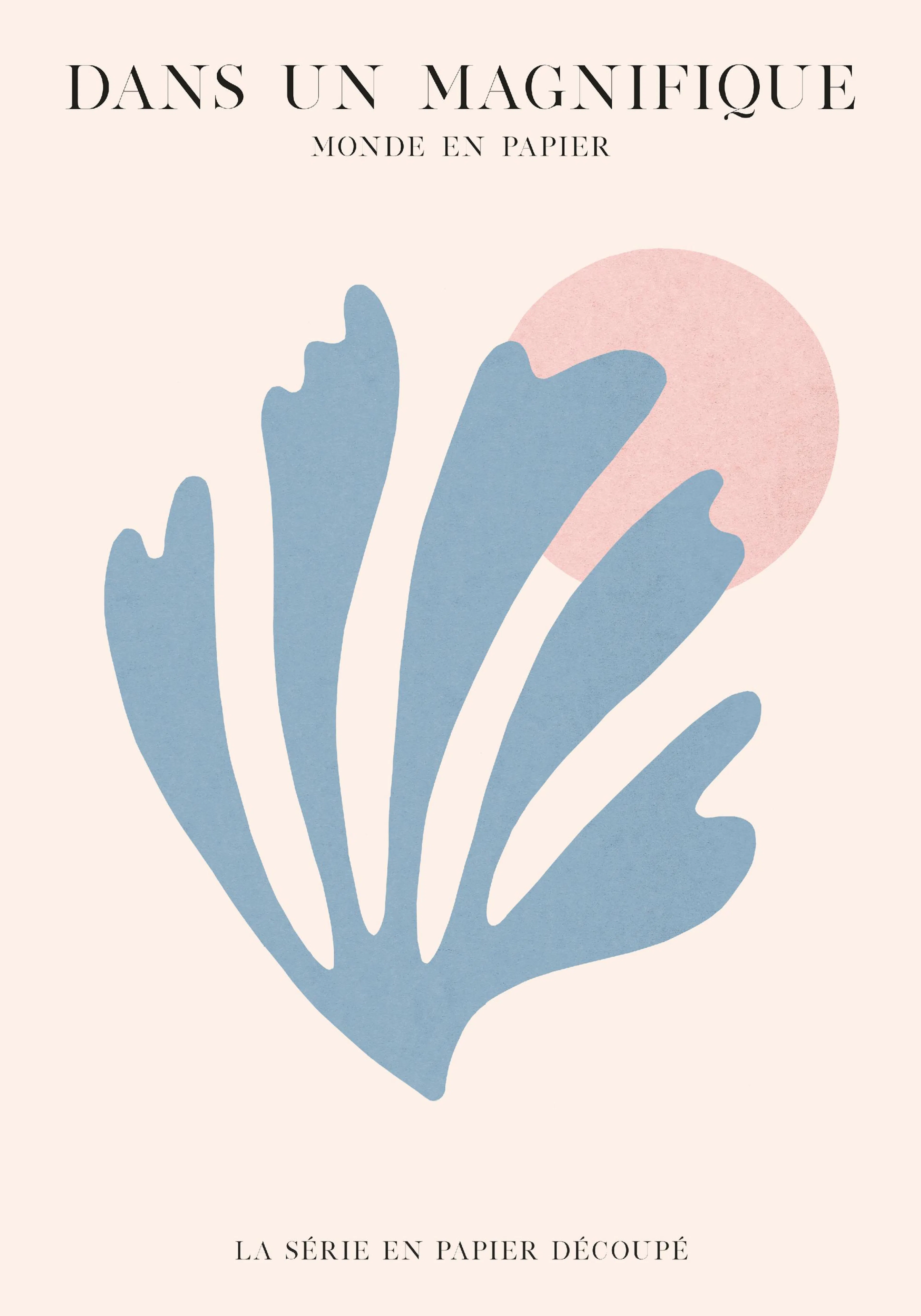 A poster featuring a light blue, organic, leaf-like shape with a pink circle on a cream background.