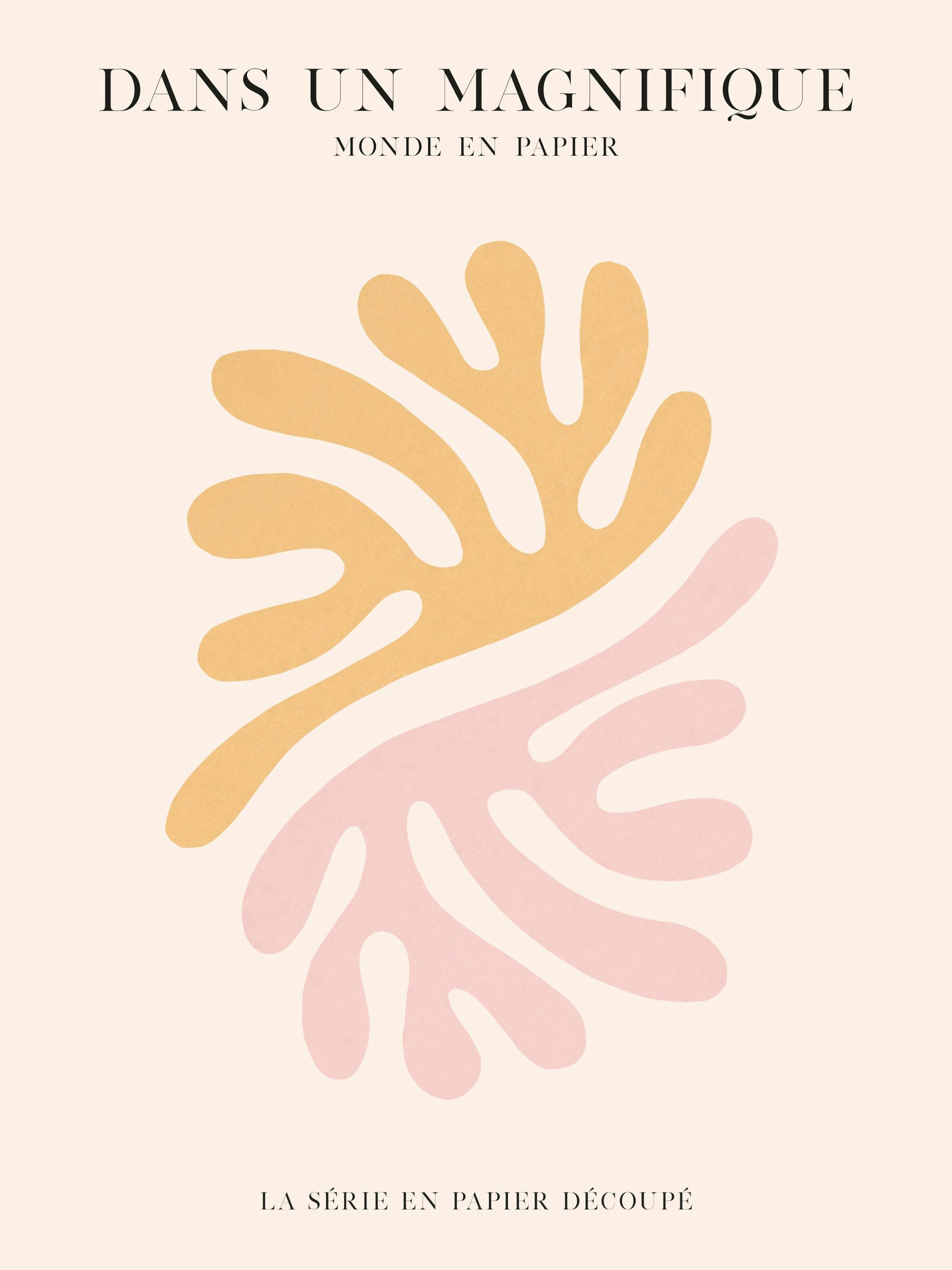 Póster abstracto con formas orgánicas de color amarillo y rosa, y texto en francés sobre un fondo neutro.