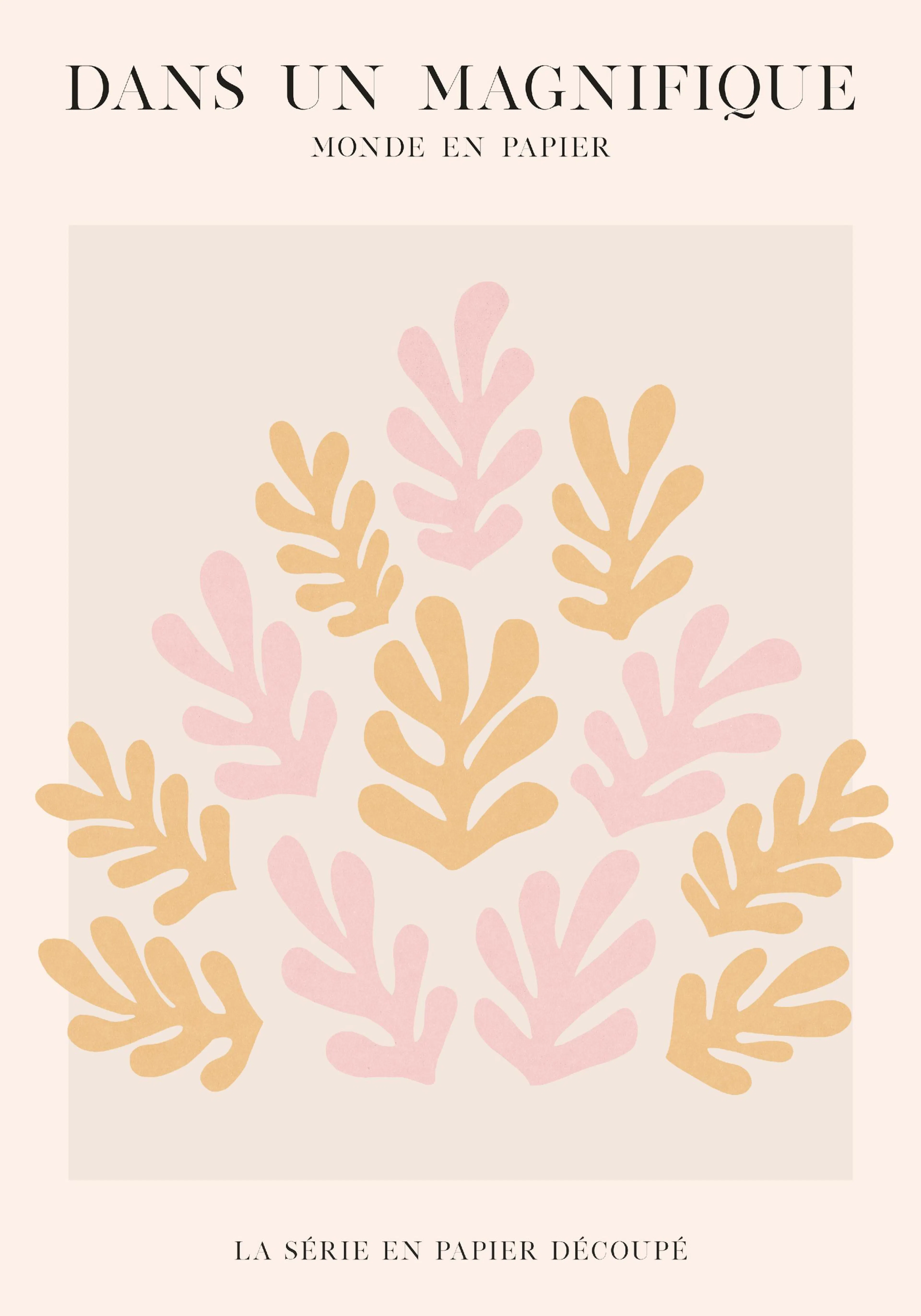 A poster featuring a collection of pink and cream organic leaf shapes on a light beige background.