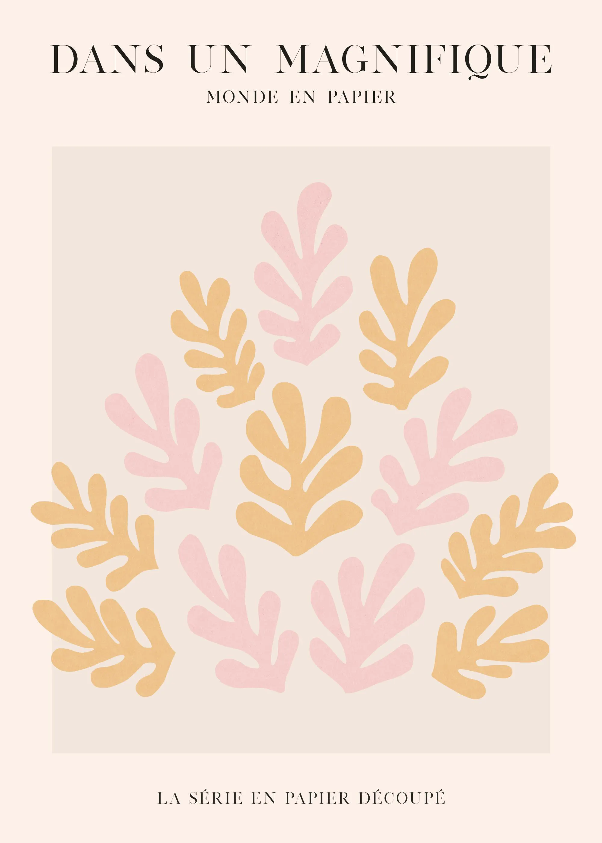 En poster med abstrakta, handritade rosa och gula bladformer på en ljusbeige bakgrund.