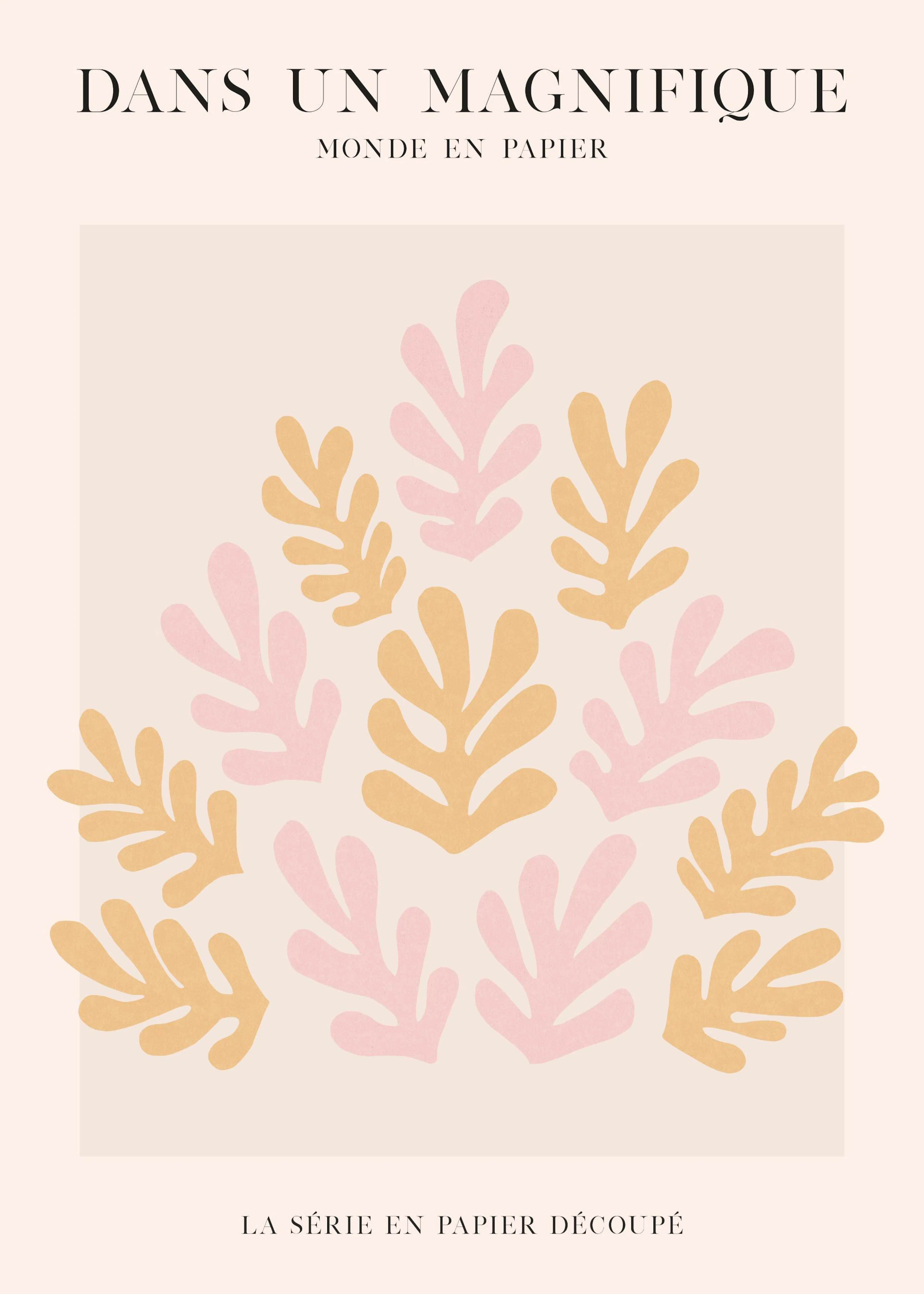 En poster med abstrakta, handritade rosa och gula bladformer på en ljusbeige bakgrund.