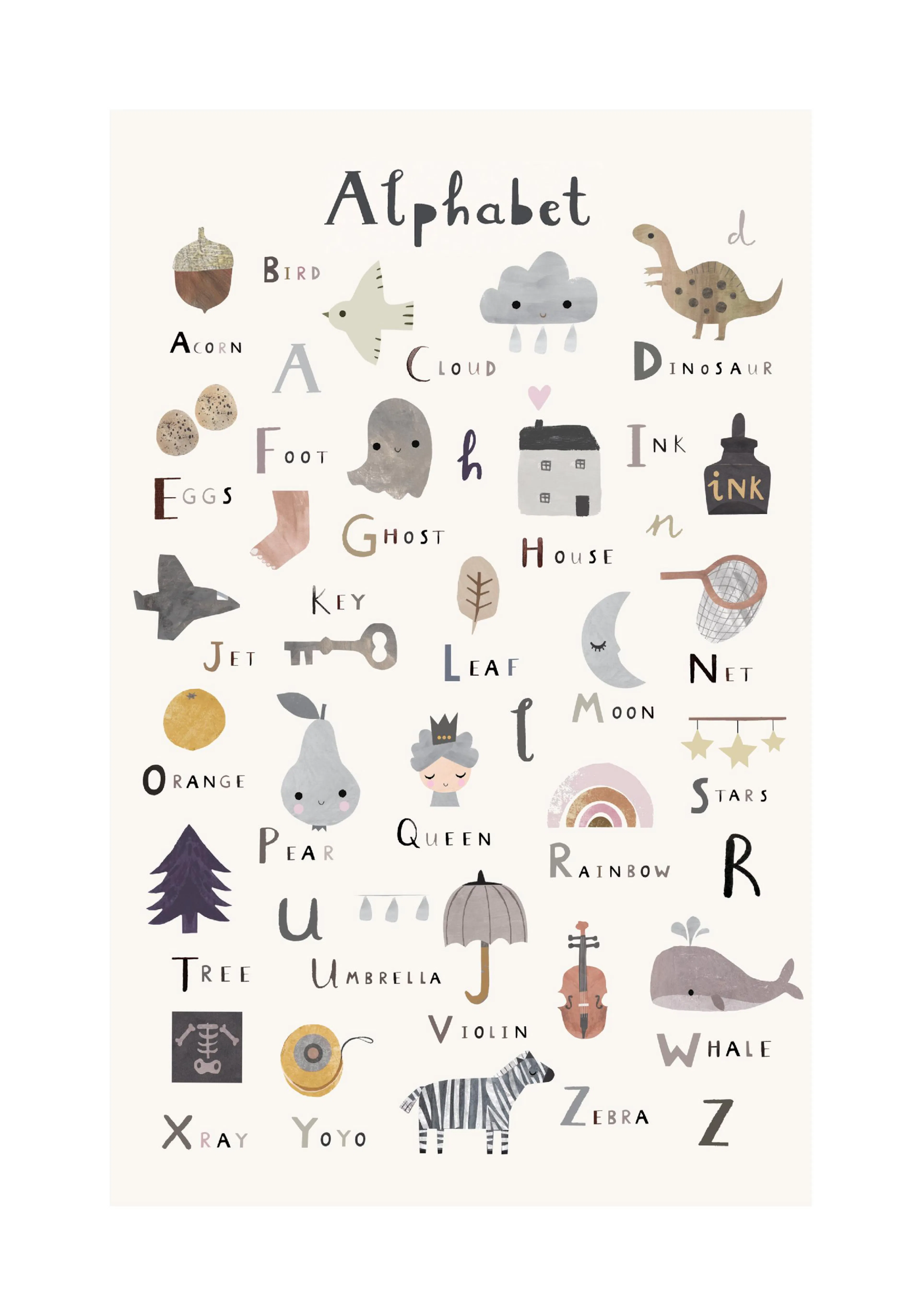 A poster featuring a childrens alphabet chart with cute illustrations for each letter, from acorn to zebra, on a light backgroun