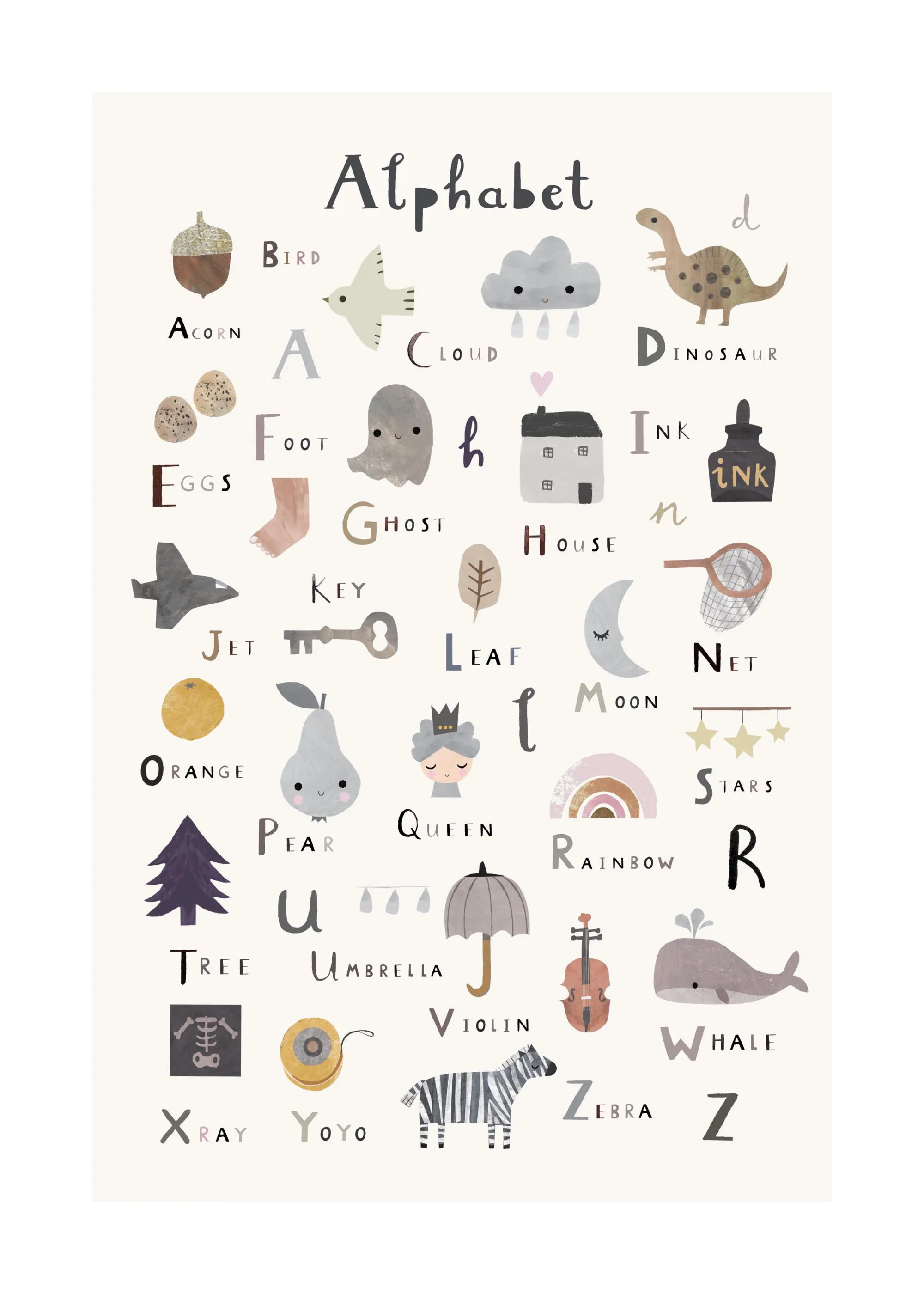 Een poster met het alfabet, waarbij elke letter een speelse illustratie heeft, zoals A voor eikel en Z voor zebra.