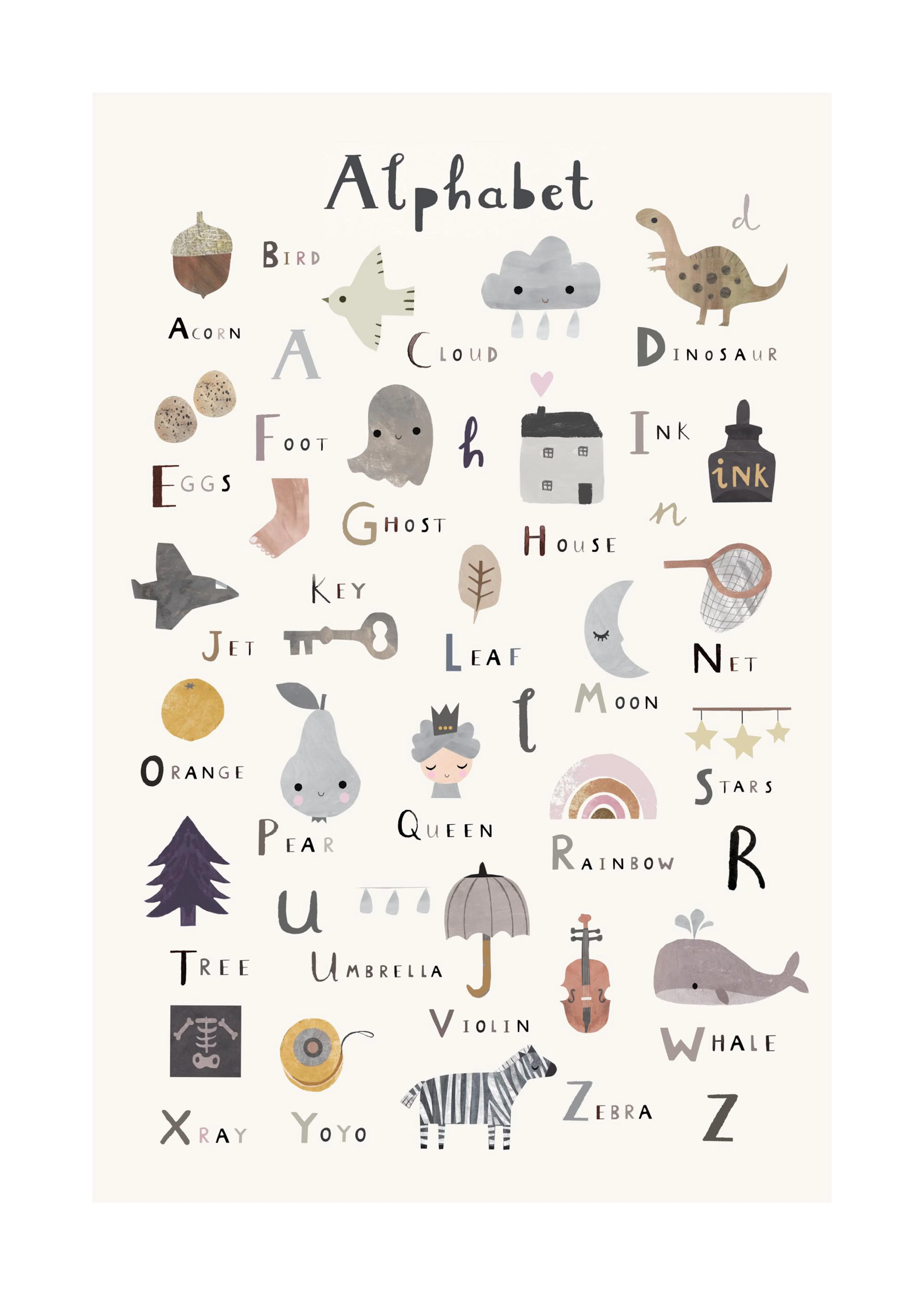 귀여운 동물과 사물 일러스트로 꾸며진 알파벳 학습 포스터입니다.