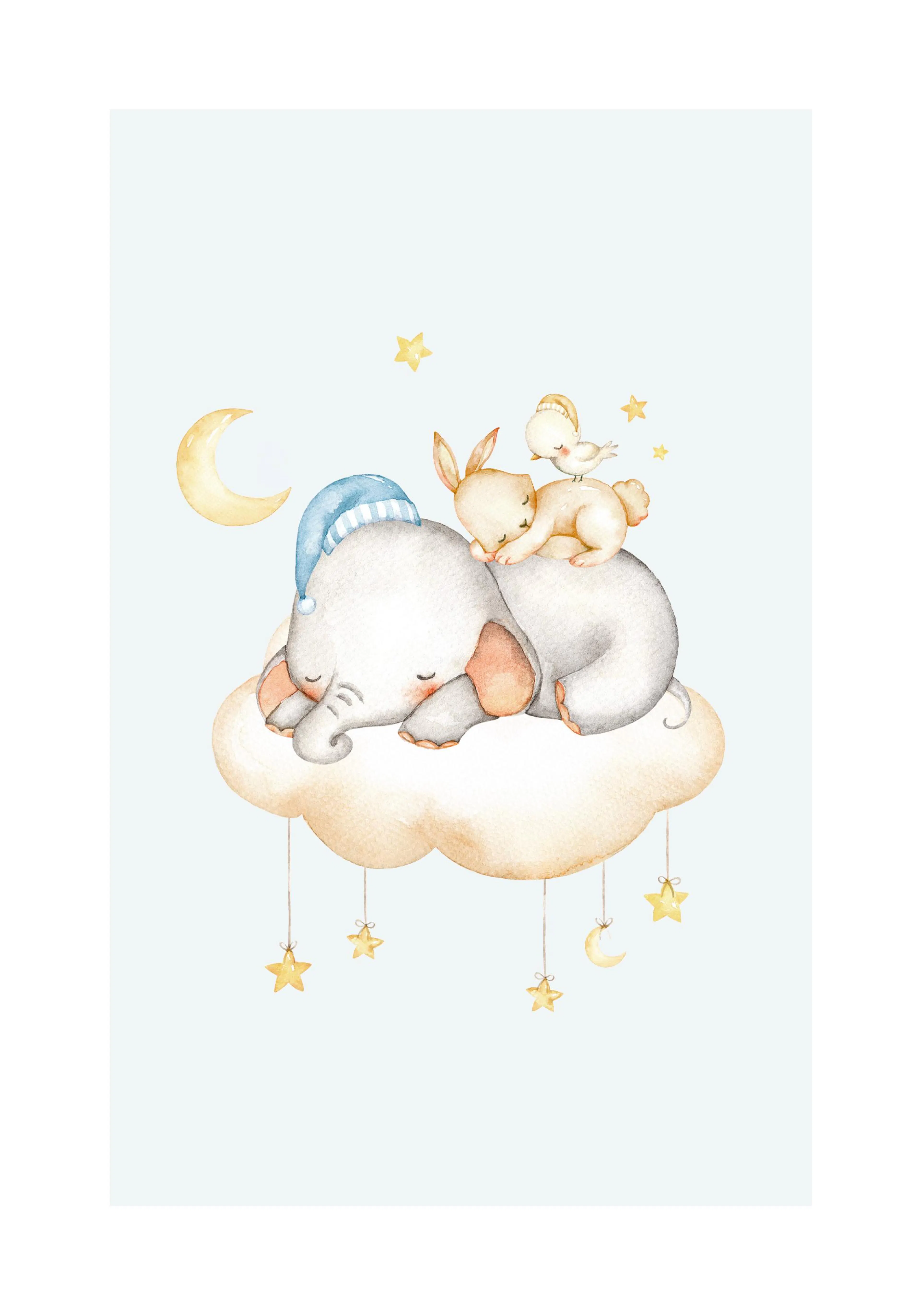 A poster featuring a sleeping elephant on a cloud with a rabbit and bird on its back, surrounded by stars and a crescent moon.