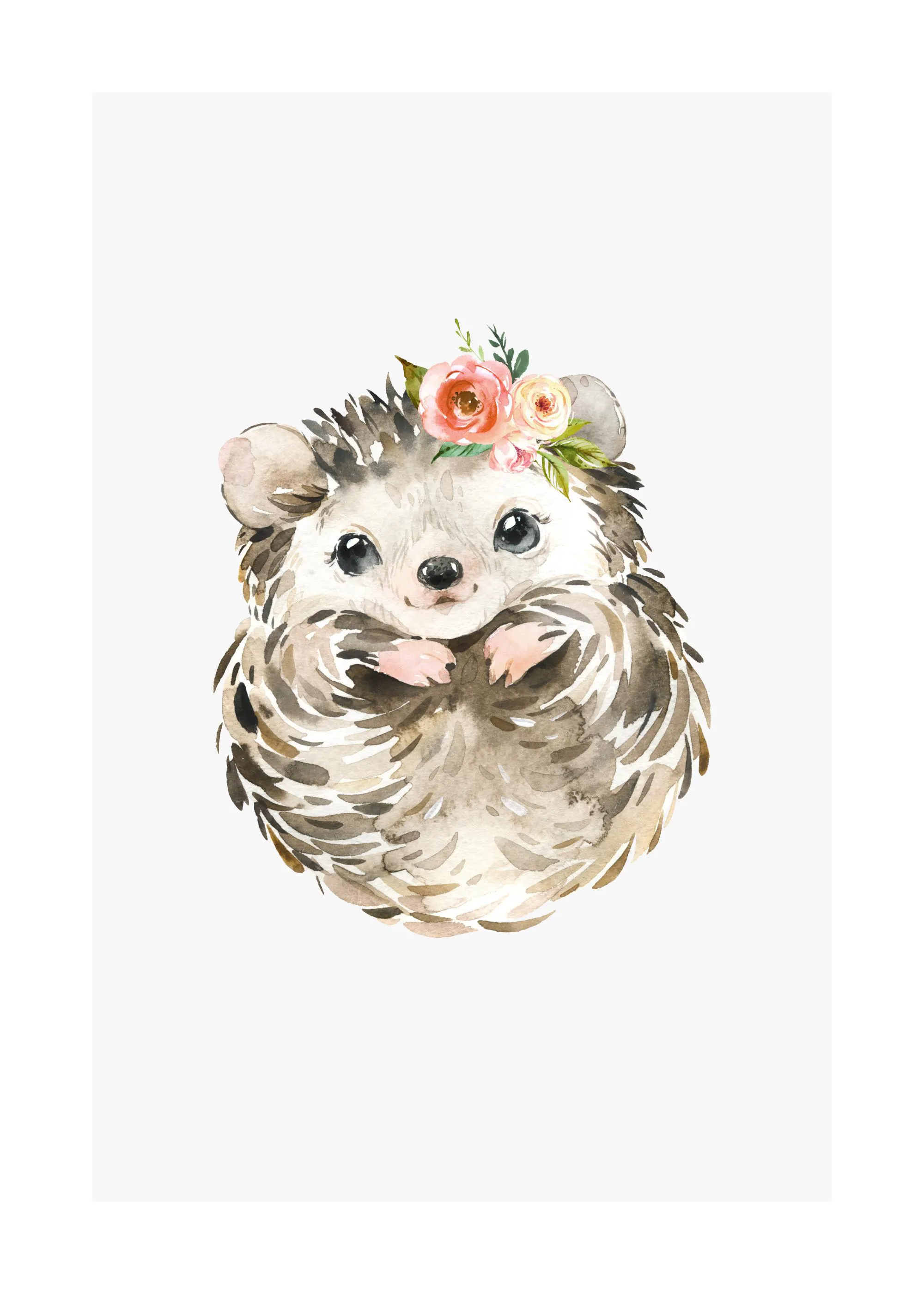 A poster featuring a watercolour illustration of a cute hedgehog wearing a floral crown with pink and yellow flowers.
